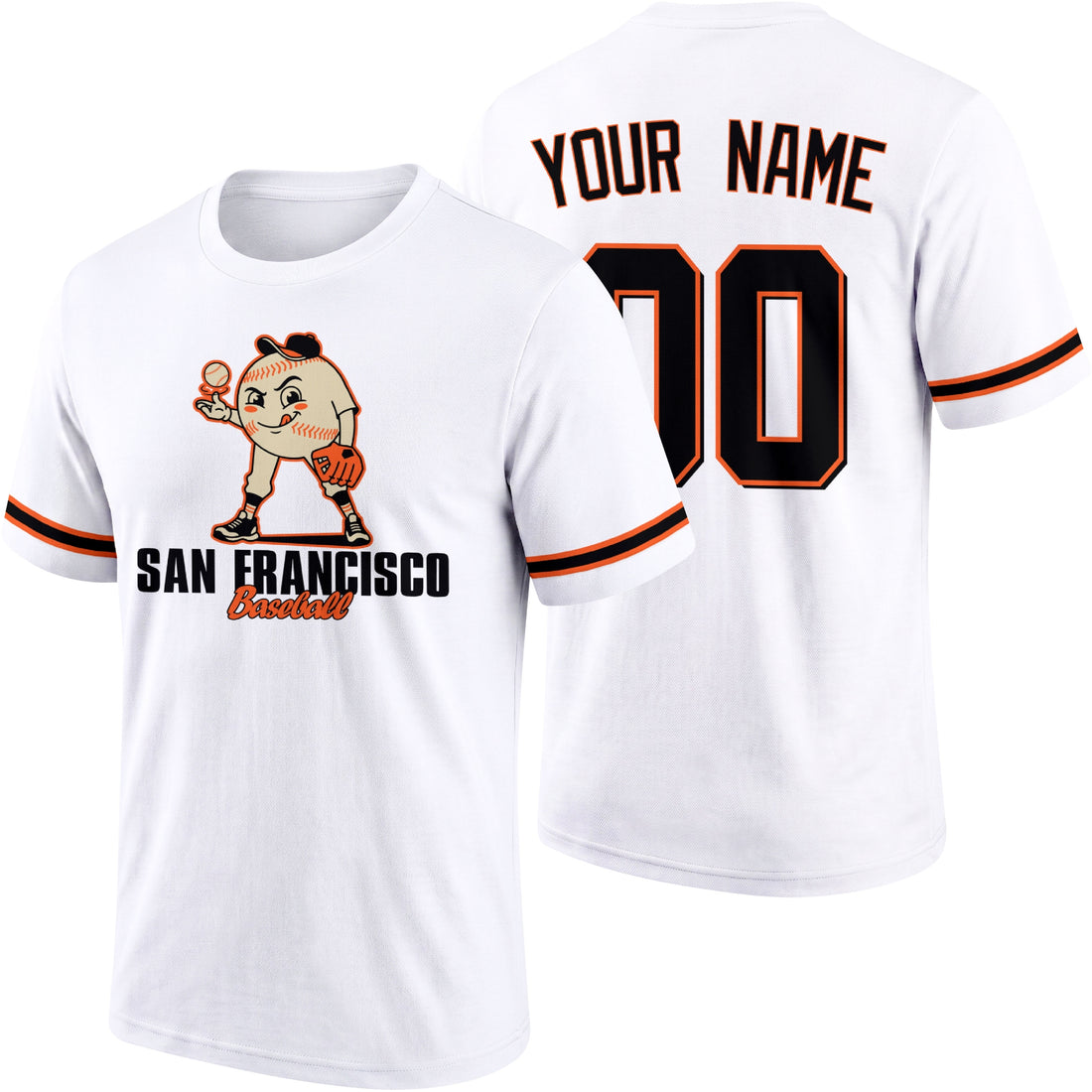 San Francisco personalized adult baseball character T shirt in Black showing front and back with striped sleeves custom name and number