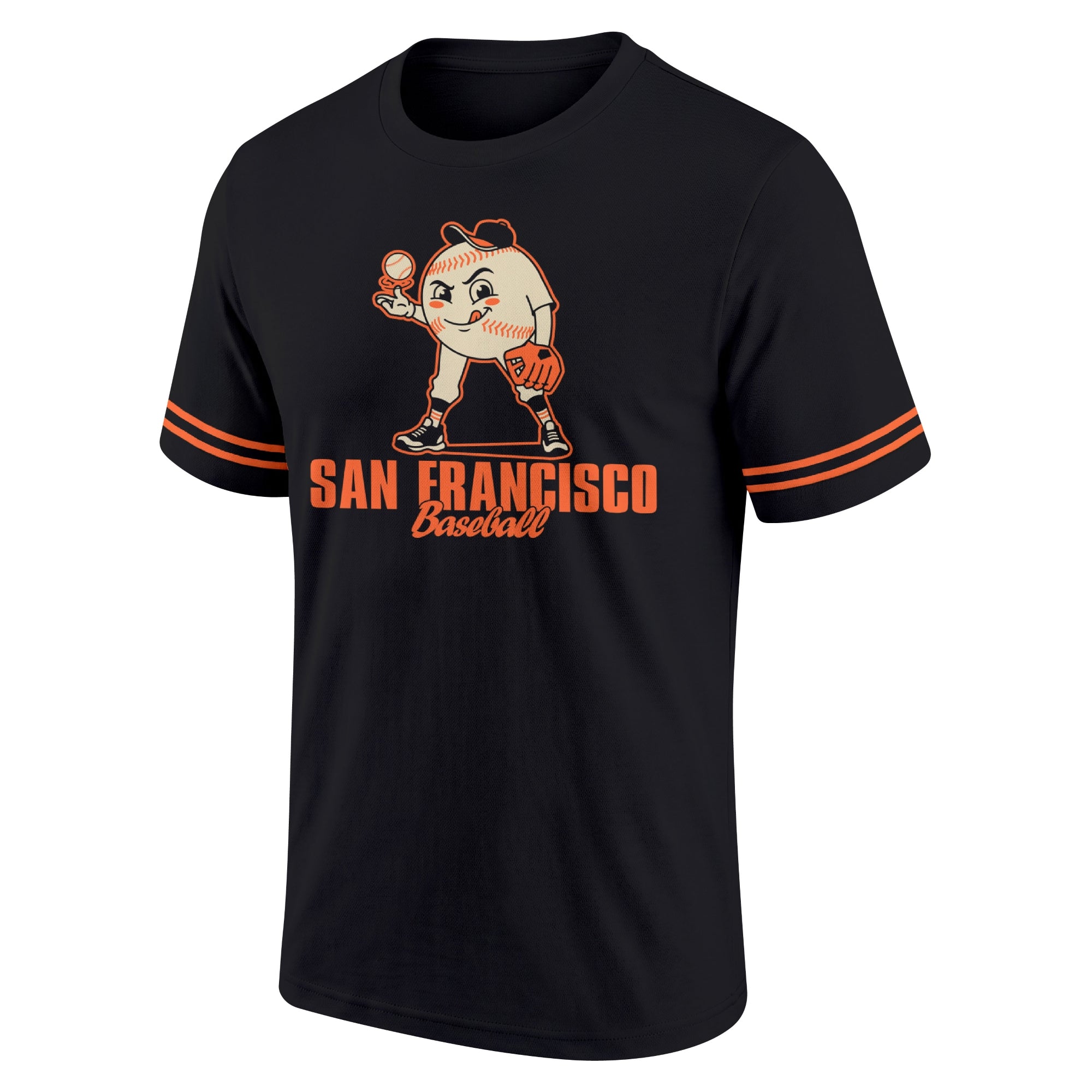 San Francisco Black adult baseball T shirt front view with playful baseball character city lettering and striped sleeve accents