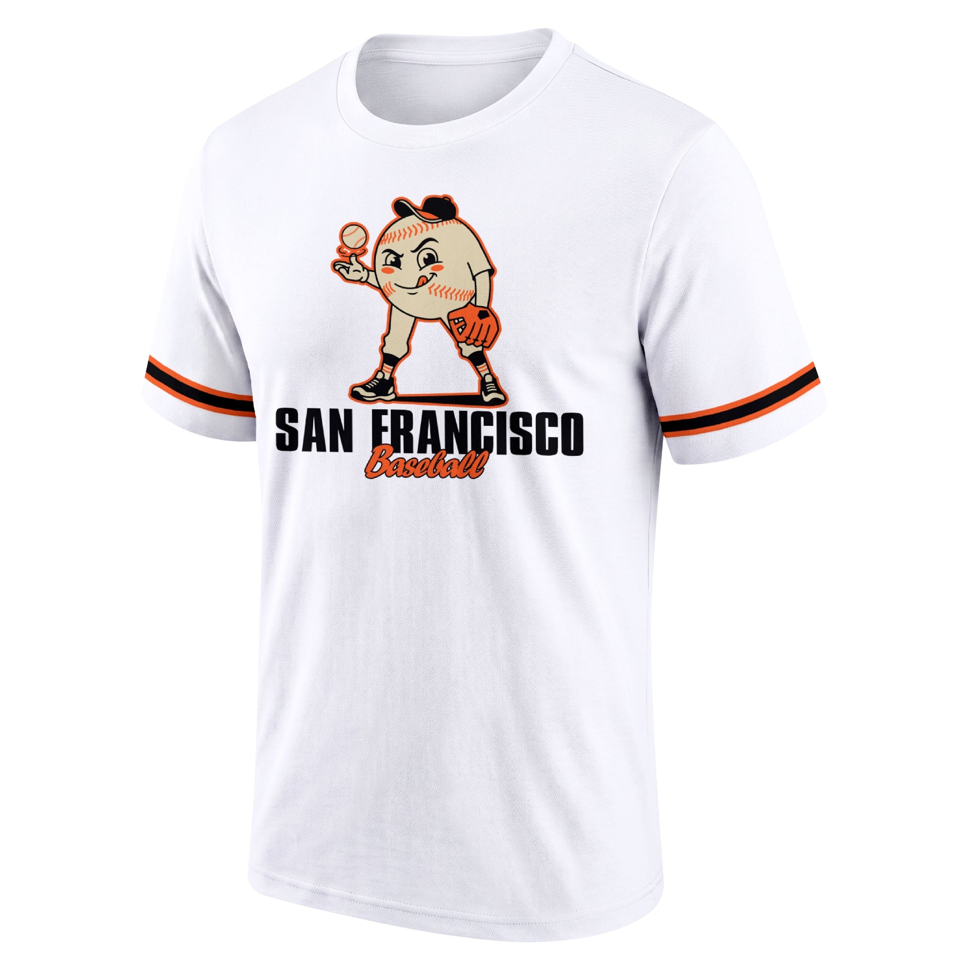 San Francisco Cream adult baseball T shirt front view with playful baseball character city lettering and striped sleeve accents