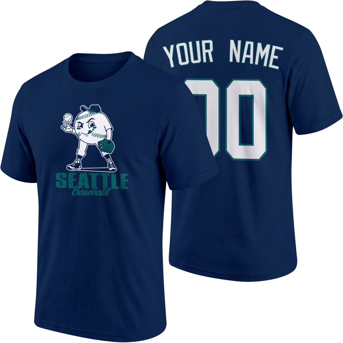 Seattle personalized adult baseball character T shirt in Navy showing front and back with striped sleeves custom name and number