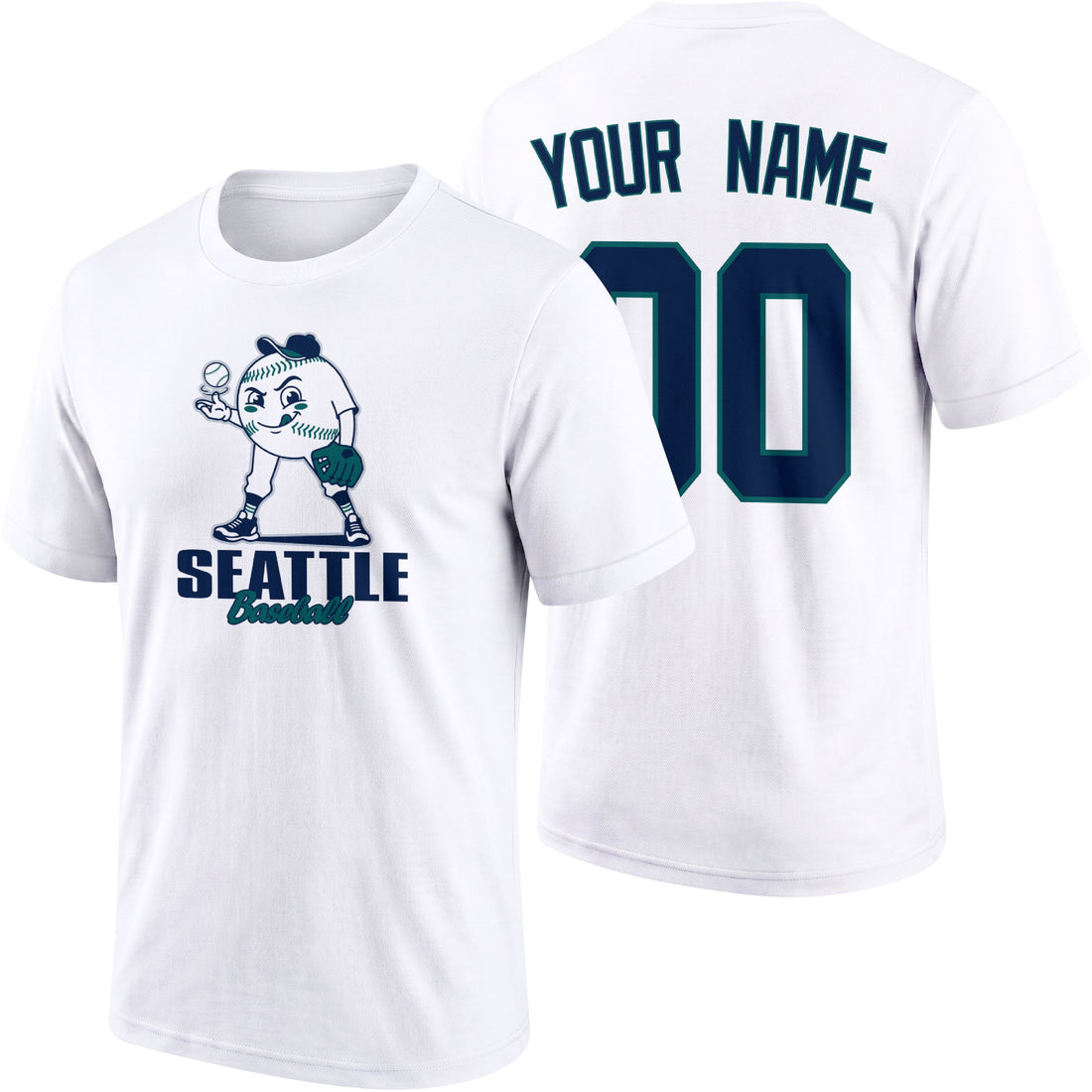 Seattle personalized adult baseball character T shirt in Navy showing front and back with striped sleeves custom name and number