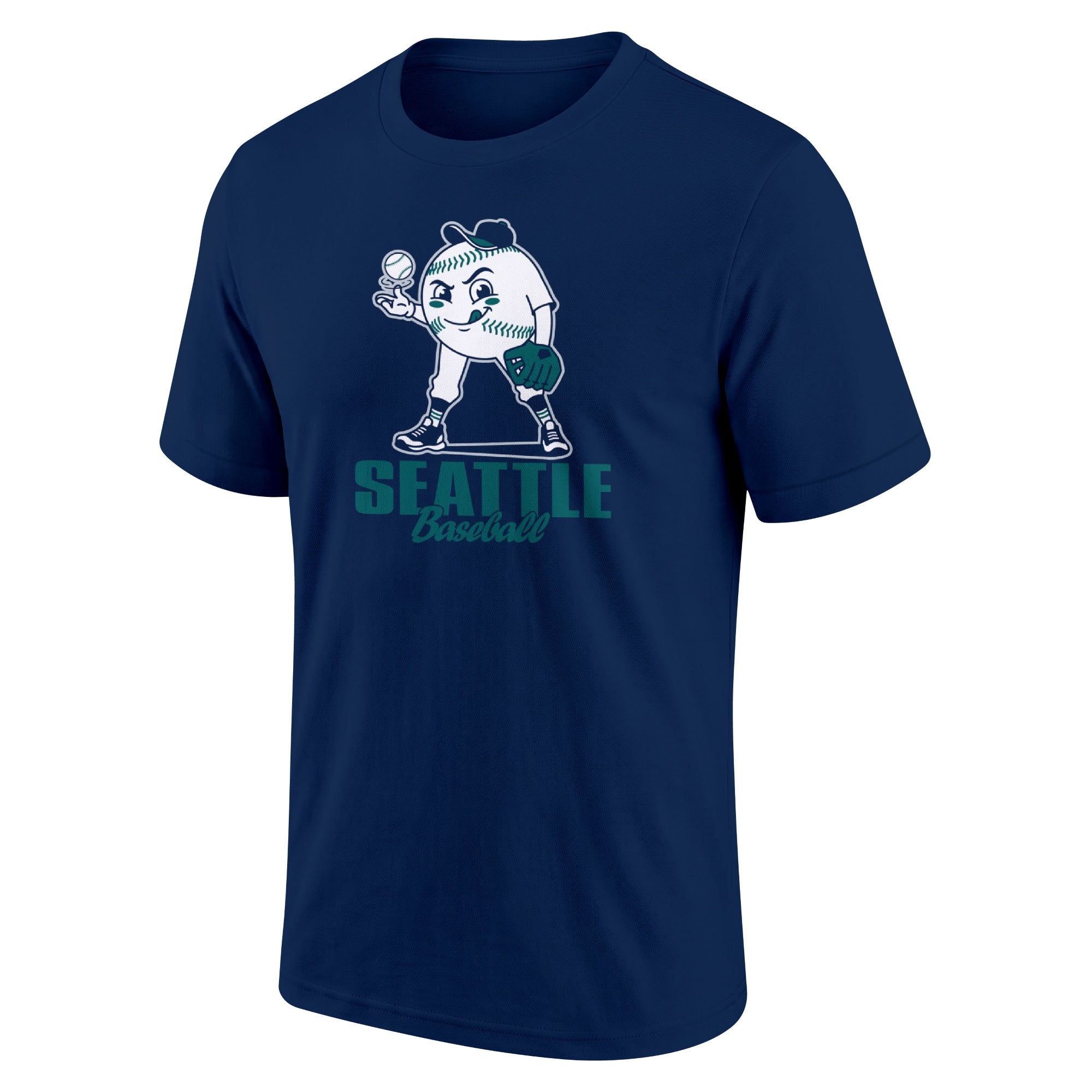 Seattle Navy adult baseball T shirt front view with playful baseball character city lettering and striped sleeve accents
