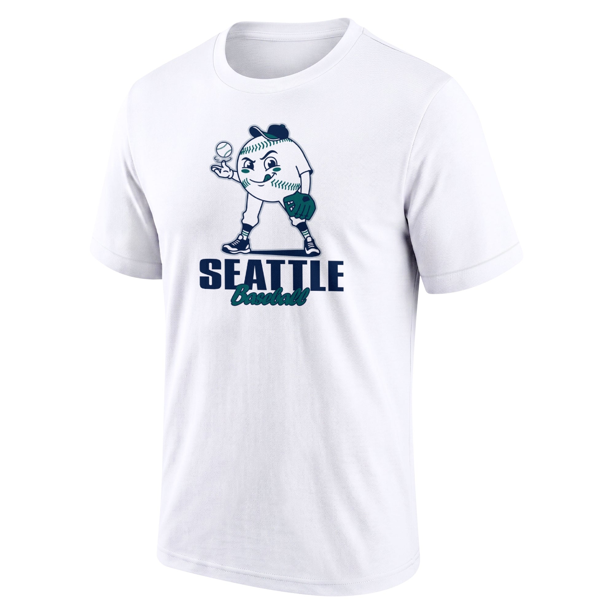 Seattle White adult baseball T shirt front view with playful baseball character city lettering and striped sleeve accents