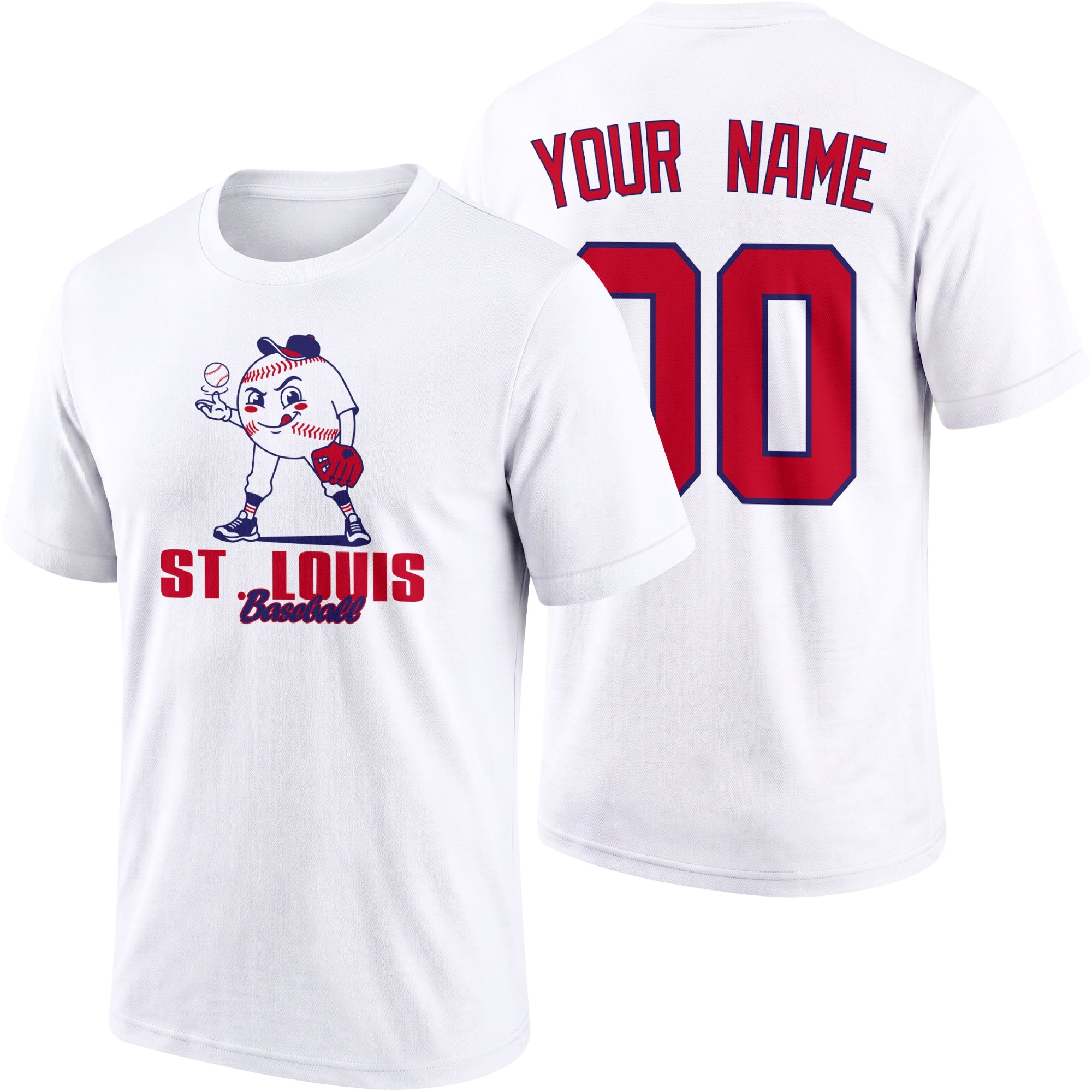 St. Louis personalized adult baseball character T shirt in White showing front and back with striped sleeves custom name and number