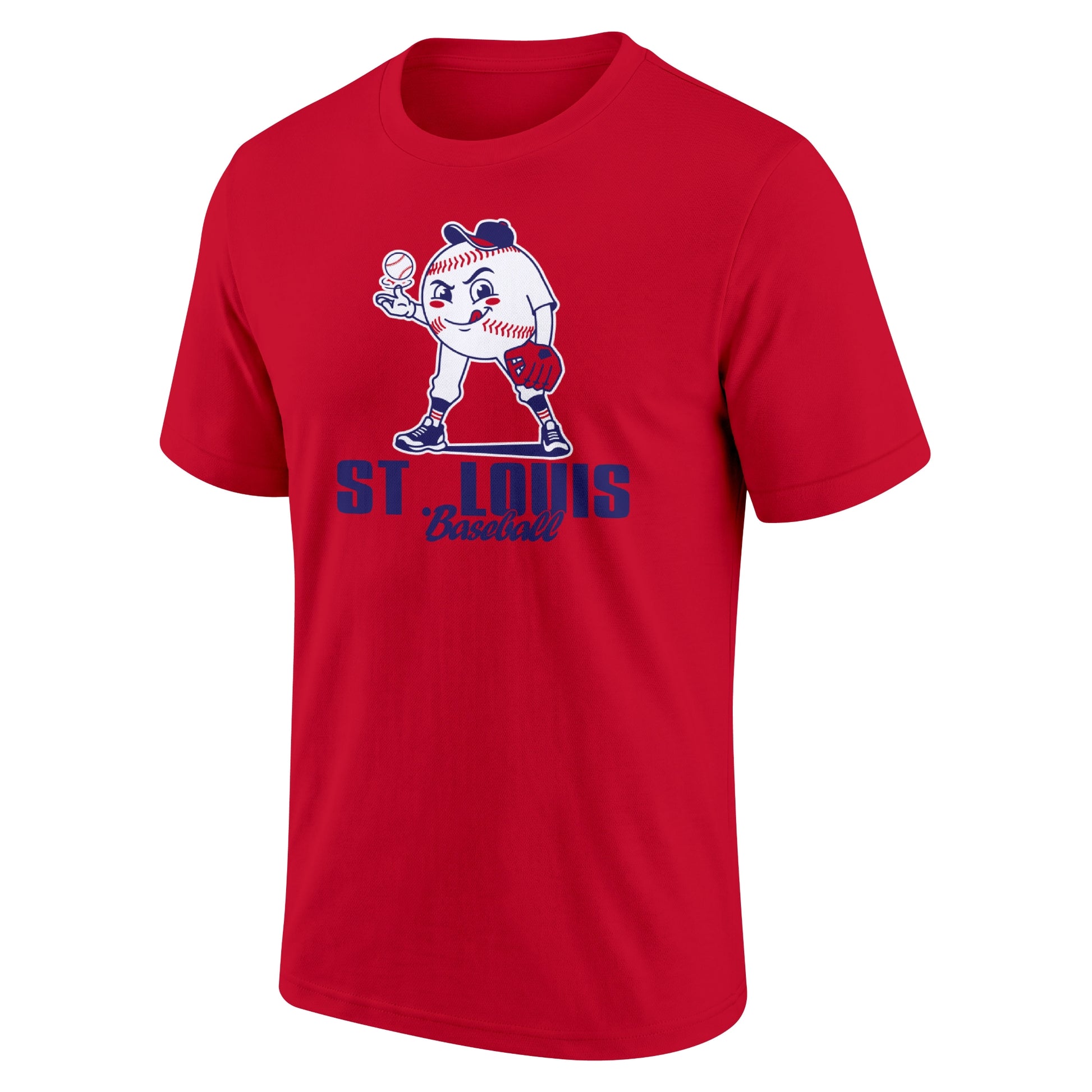 St. Louis Red adult baseball T shirt front view with playful baseball character city lettering and striped sleeve accents
