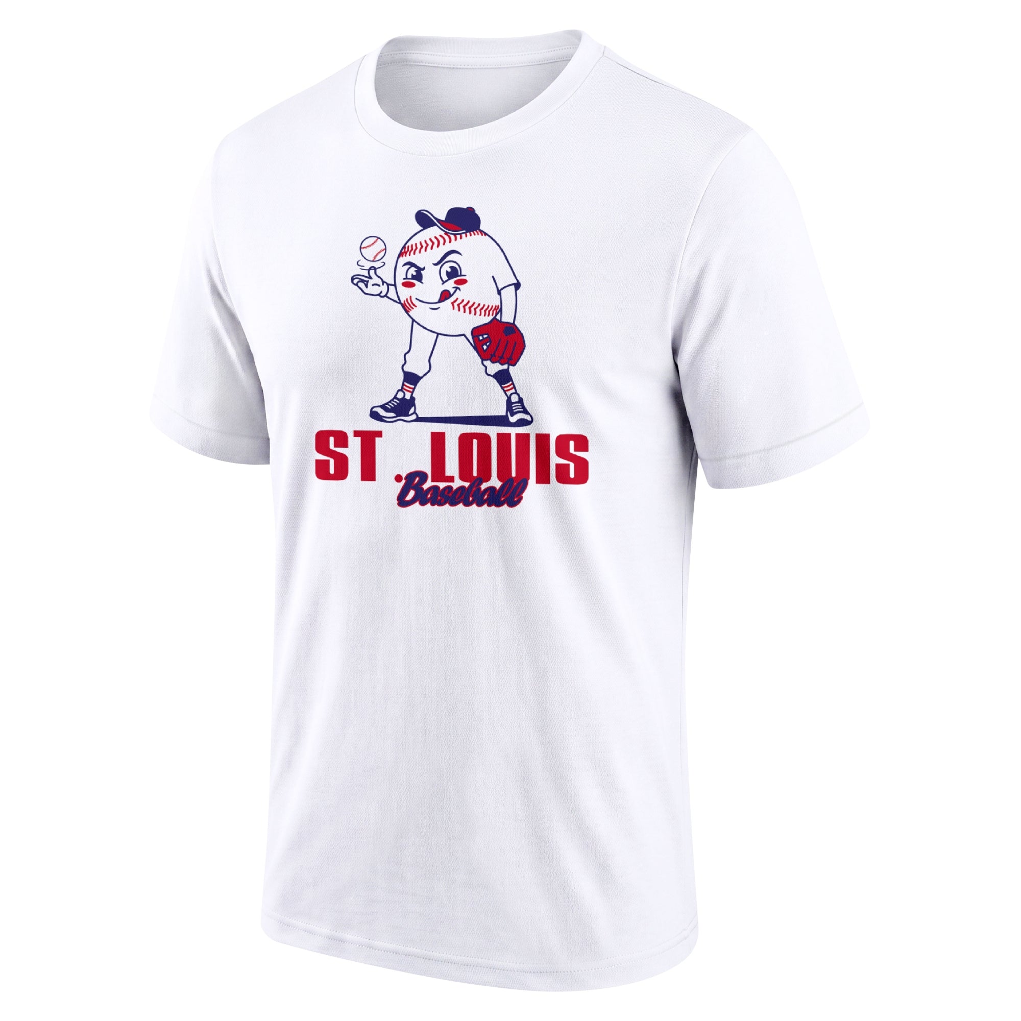 St. Louis White adult baseball T shirt front view with playful baseball character city lettering and striped sleeve accents