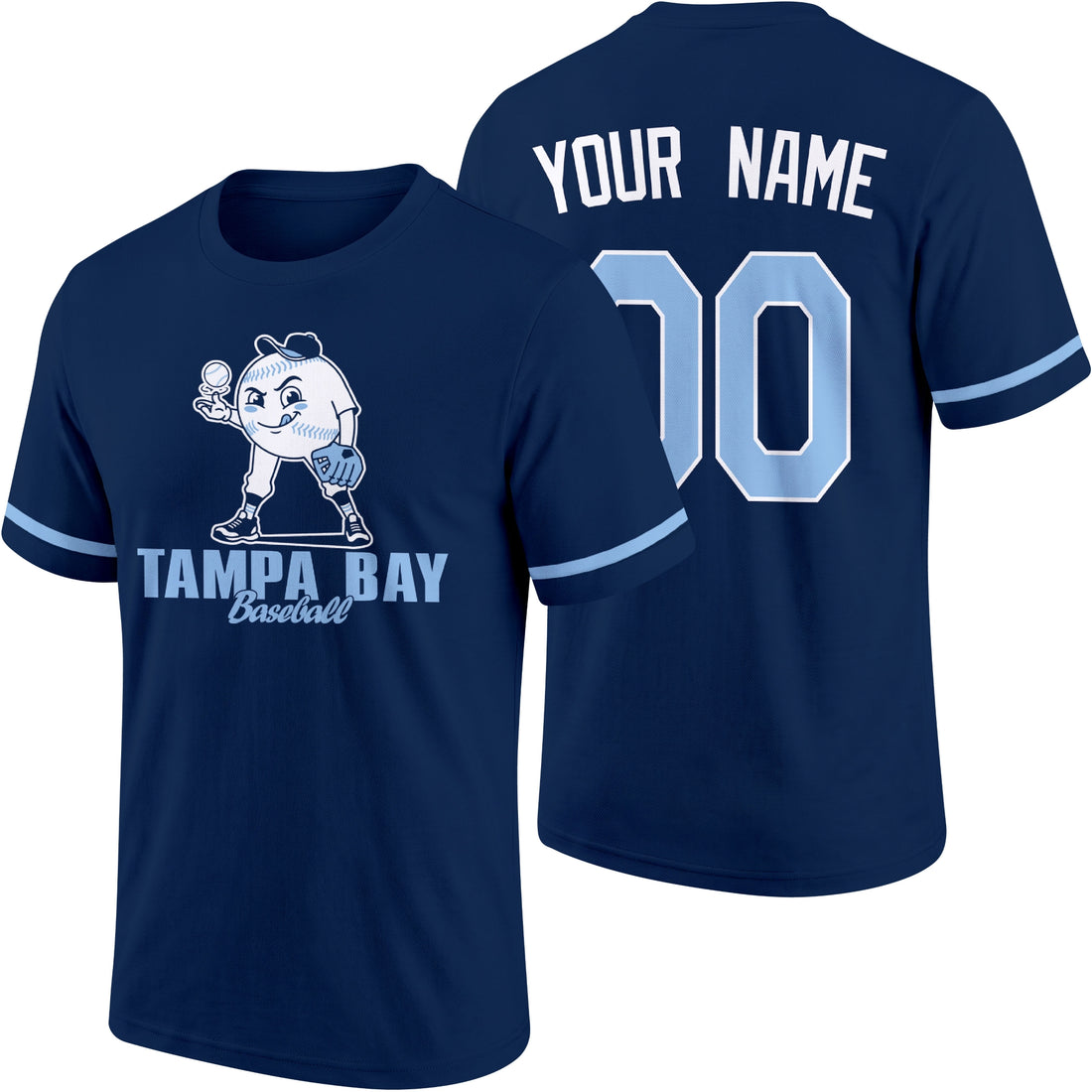 Tampa Bay personalized adult baseball character T shirt in Navy showing front and back with striped sleeves custom name and number