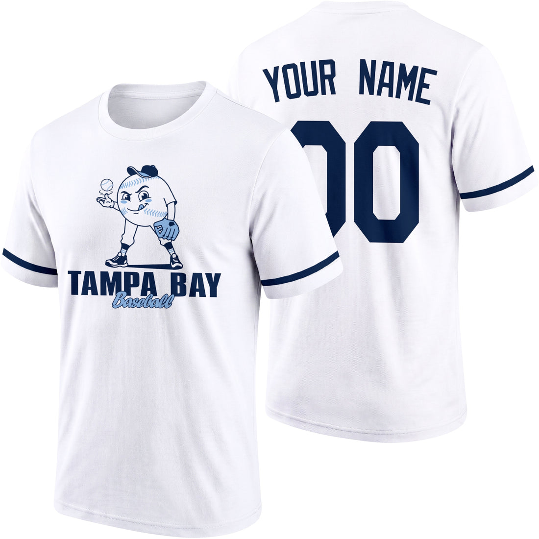 Tampa Bay personalized adult baseball character T shirt in Navy showing front and back with striped sleeves custom name and number