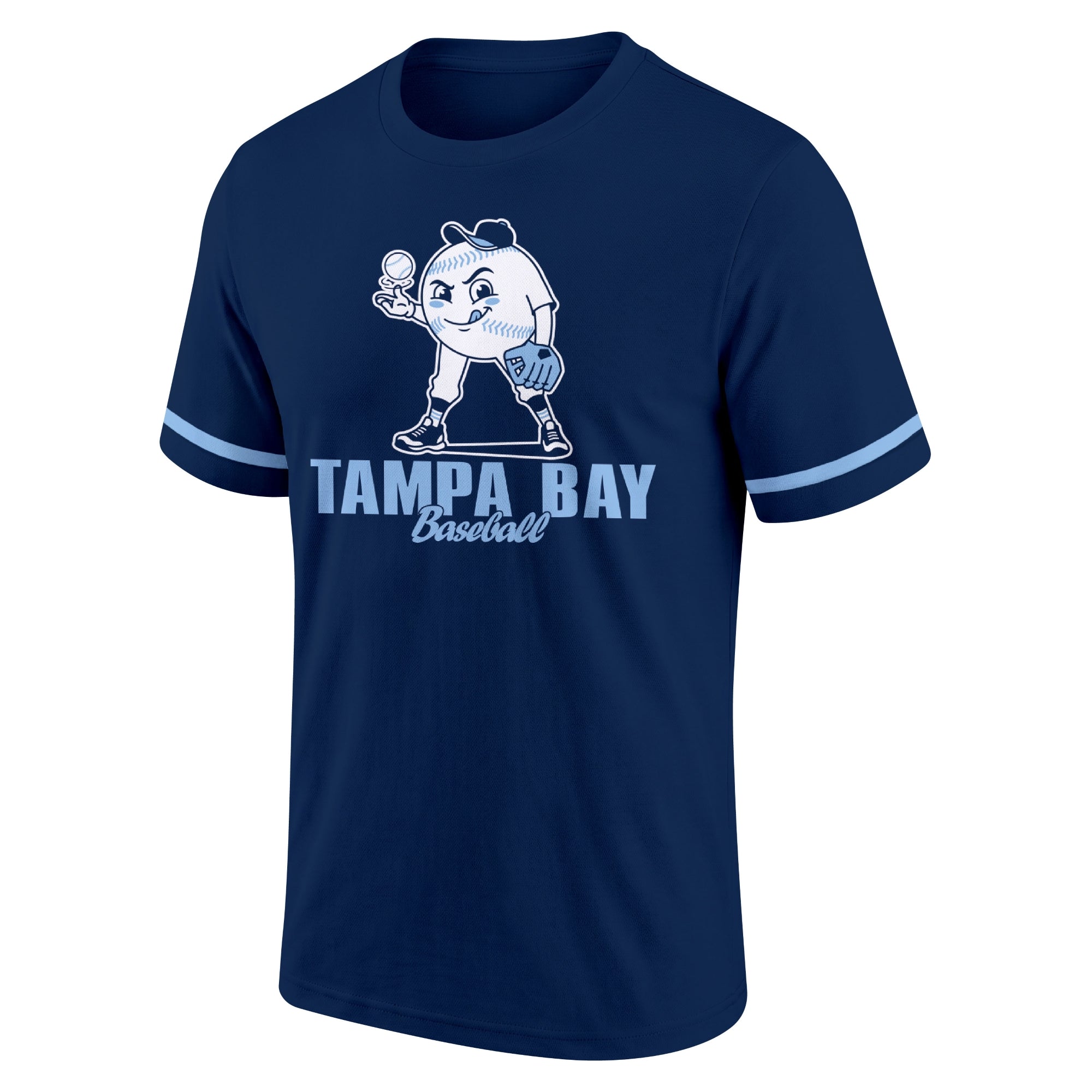 Tampa Bay Navy adult baseball T shirt front view with playful baseball character city lettering and striped sleeve accents