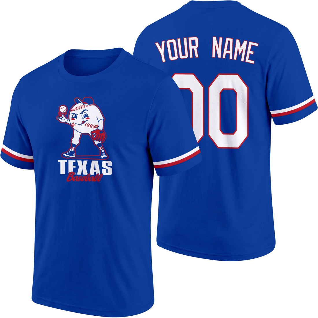 Texas personalized adult baseball character T shirt in Royal showing front and back with striped sleeves custom name and number