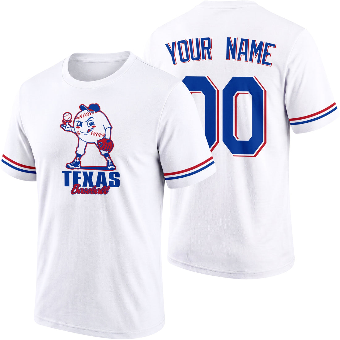Texas personalized adult baseball character T shirt in Royal showing front and back with striped sleeves custom name and number