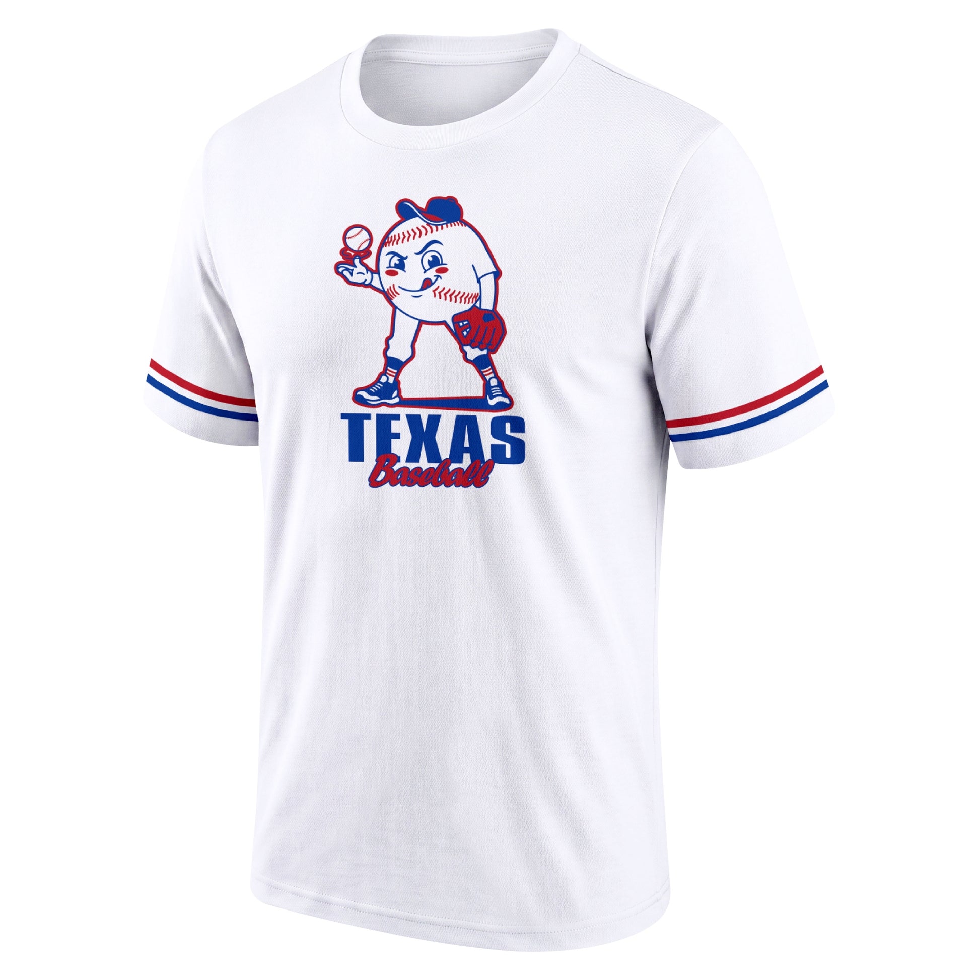Texas White adult baseball T shirt front view with playful baseball character city lettering and striped sleeve accents