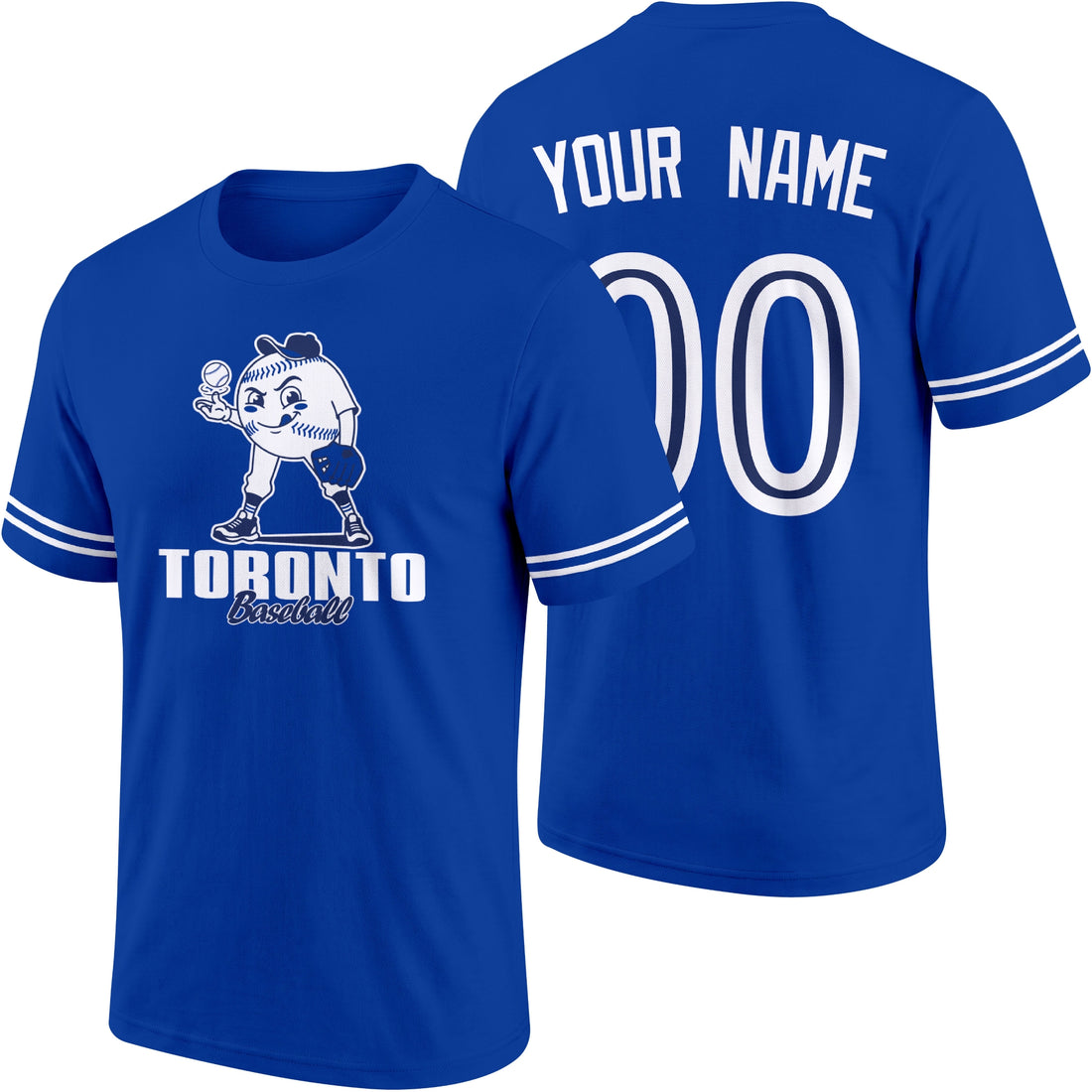 Toronto personalized adult baseball character T shirt in Royal showing front and back with striped sleeves custom name and number