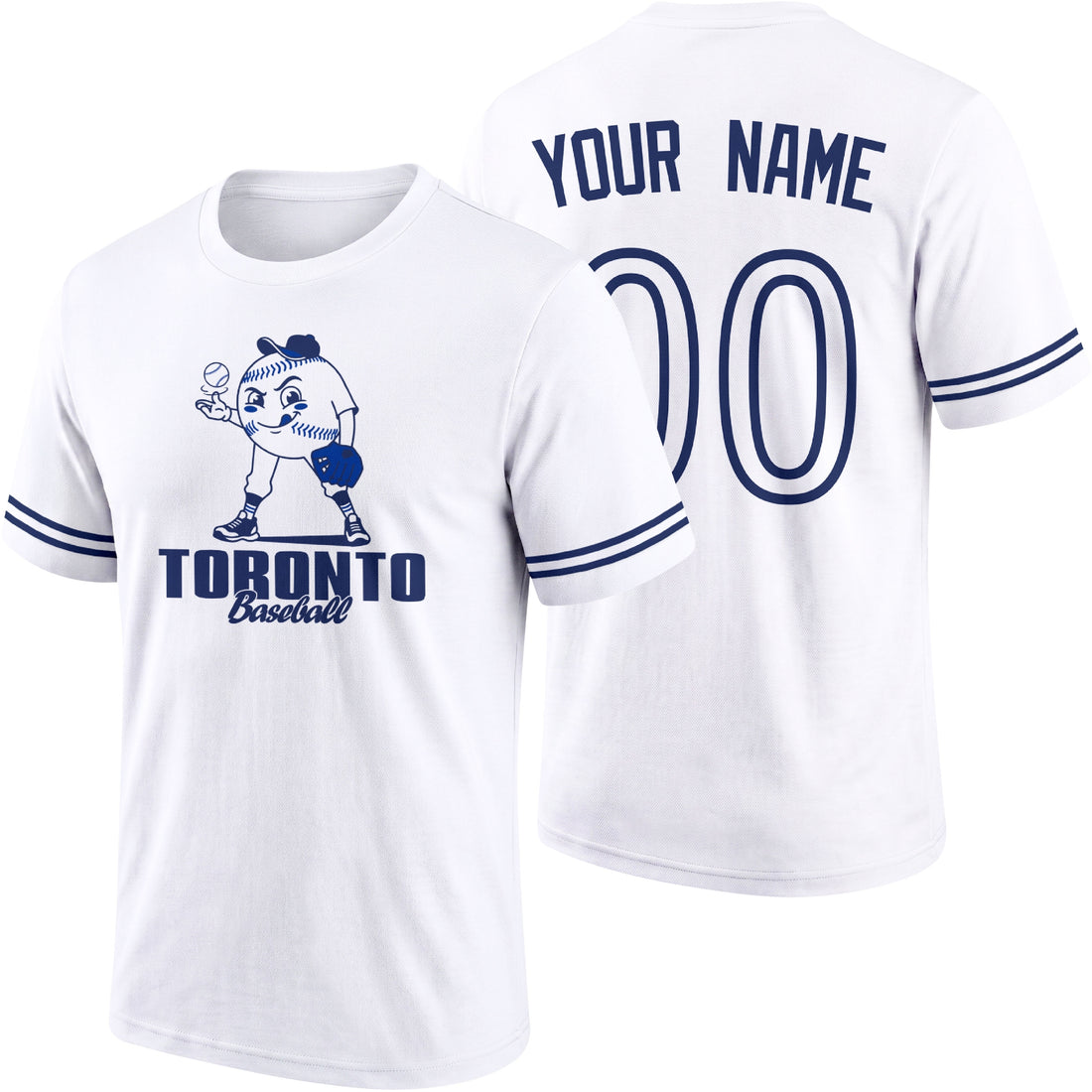 Toronto personalized adult baseball character T shirt in Royal showing front and back with striped sleeves custom name and number