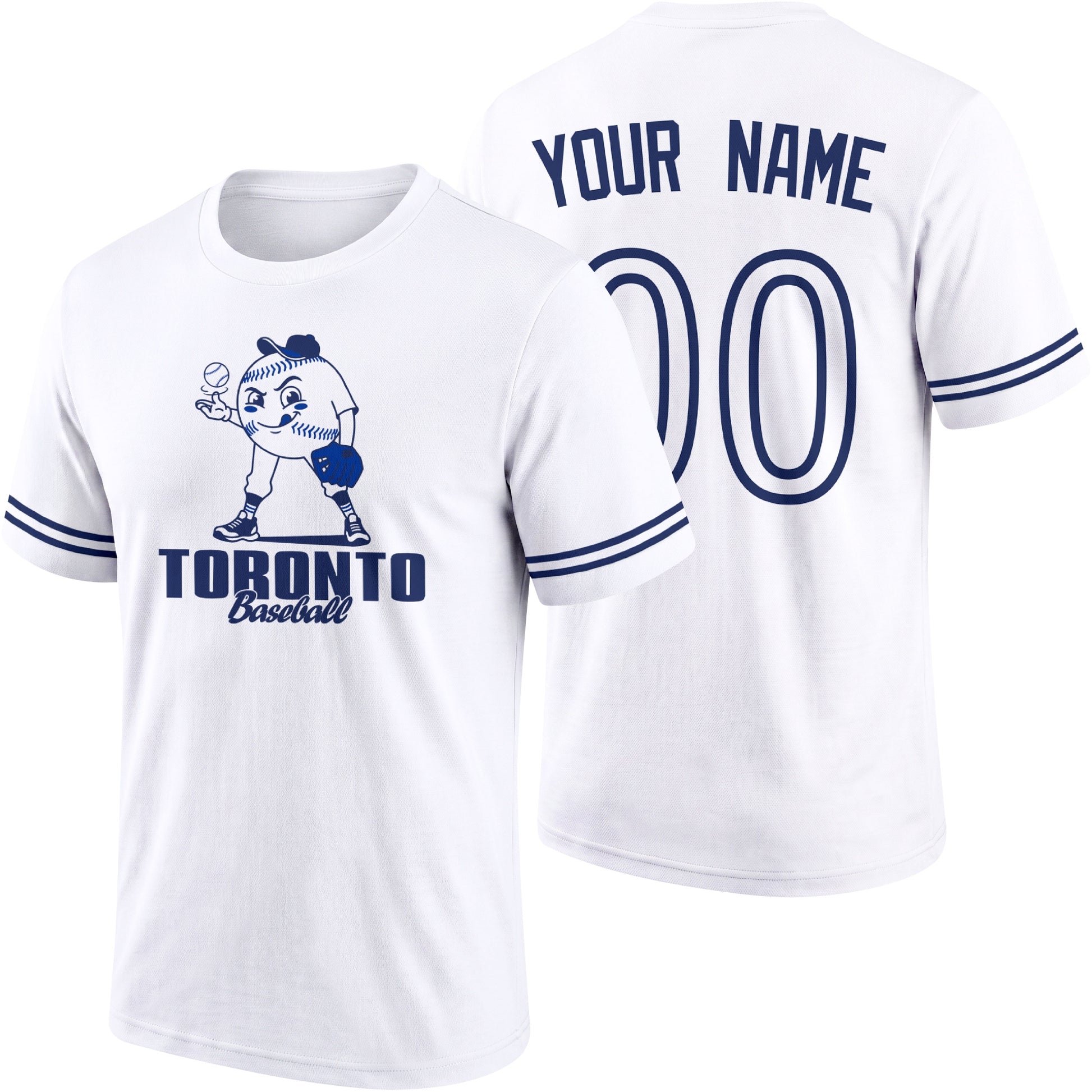 Toronto personalized adult baseball character T shirt in White showing front and back with striped sleeves custom name and number