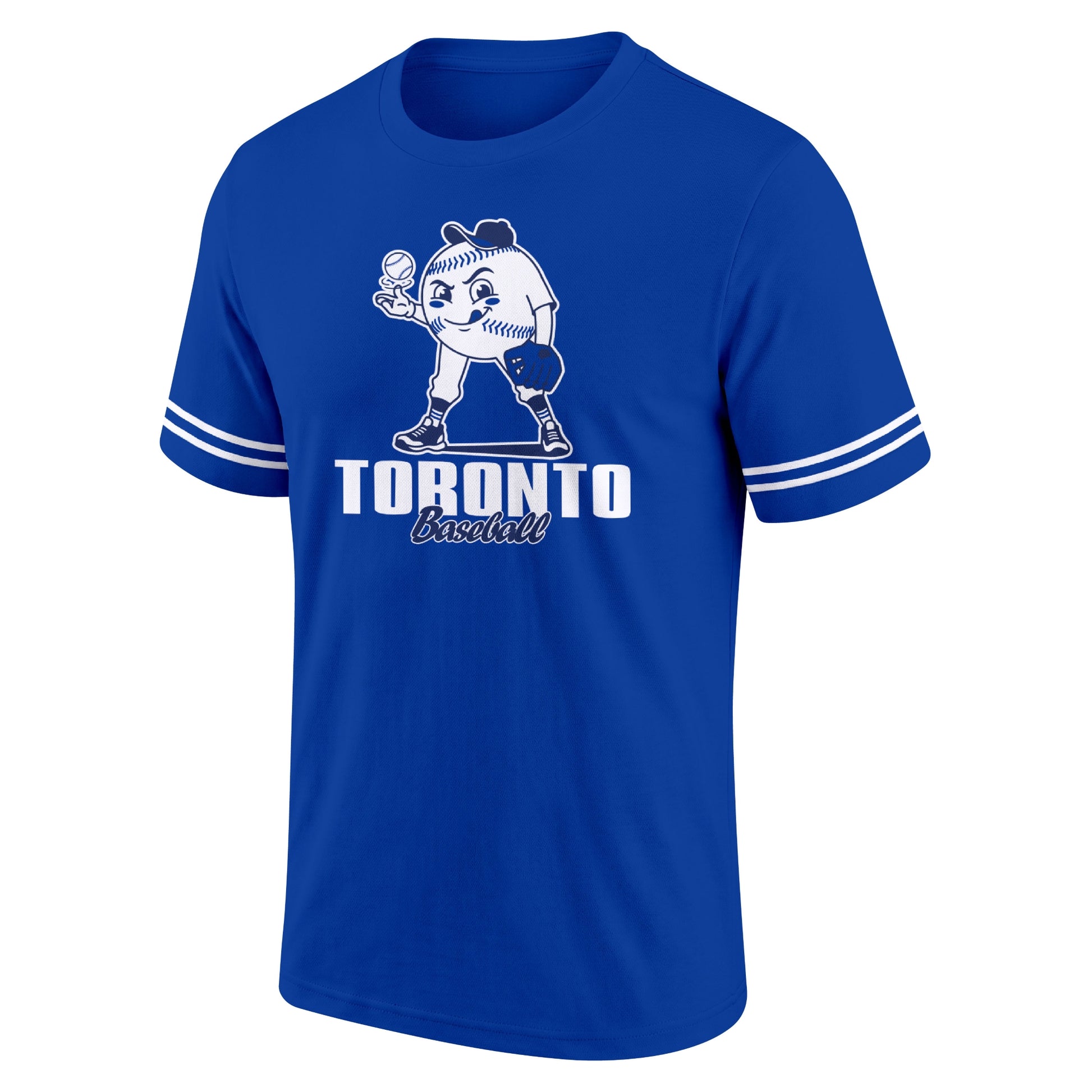 Toronto Royal adult baseball T shirt front view with playful baseball character city lettering and striped sleeve accents