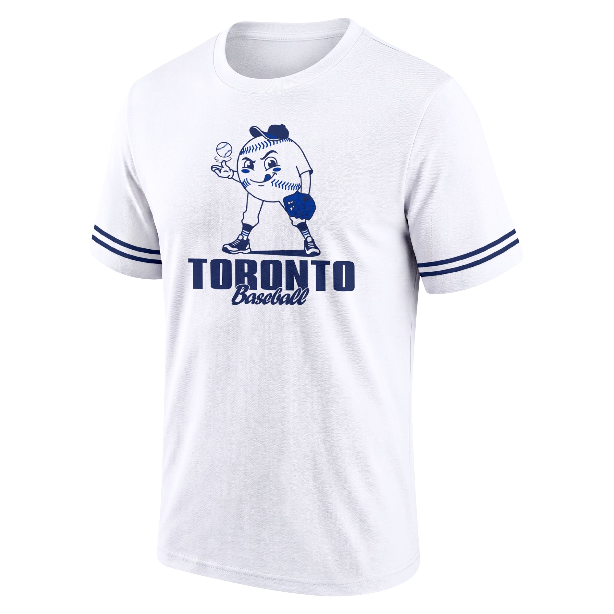Toronto White adult baseball T shirt front view with playful baseball character city lettering and striped sleeve accents