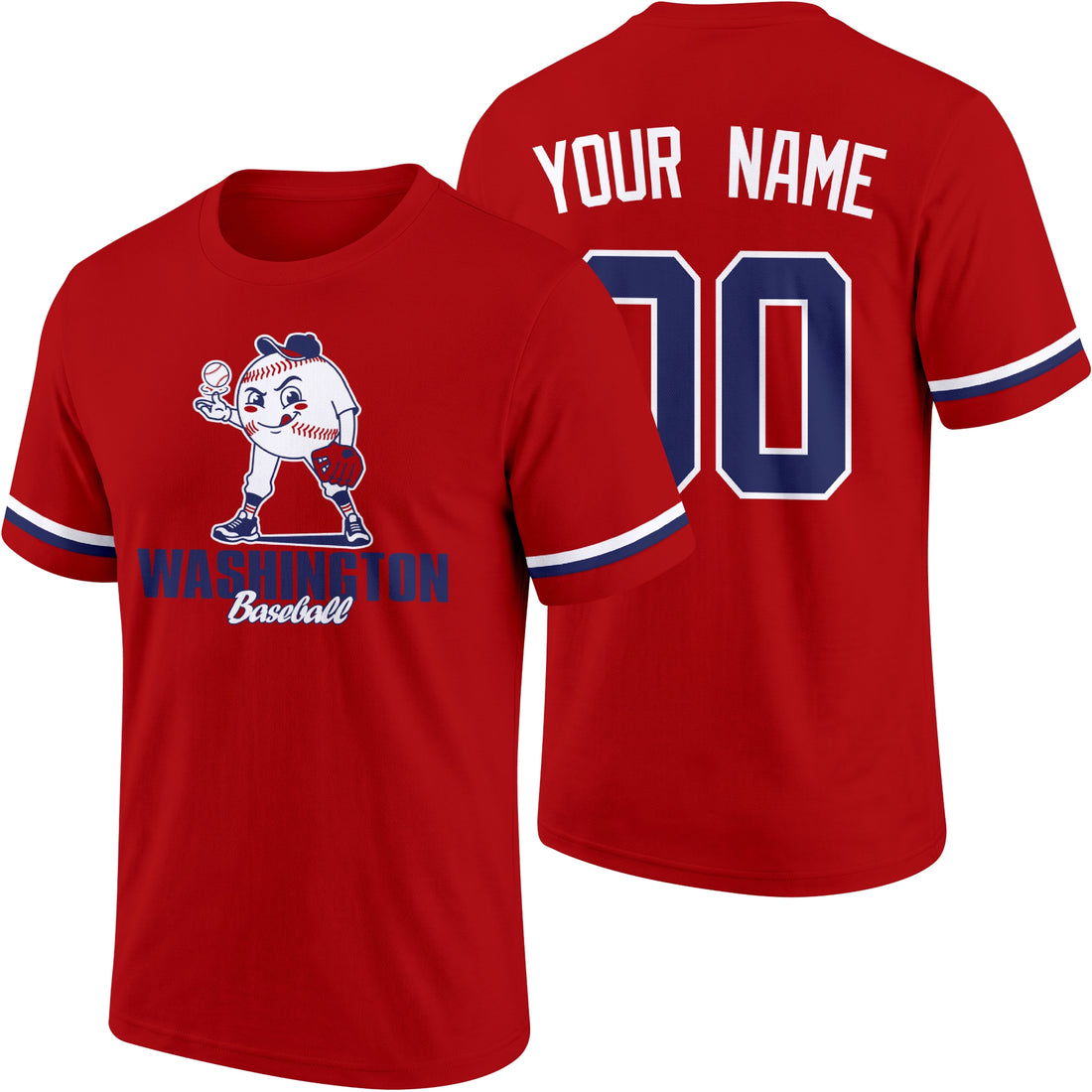 Washington personalized adult baseball character T shirt in Red showing front and back with striped sleeves custom name and number