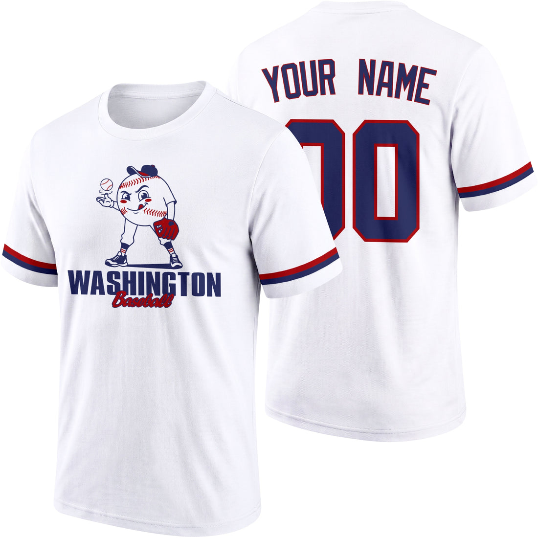 Washington personalized adult baseball character T shirt in Red showing front and back with striped sleeves custom name and number