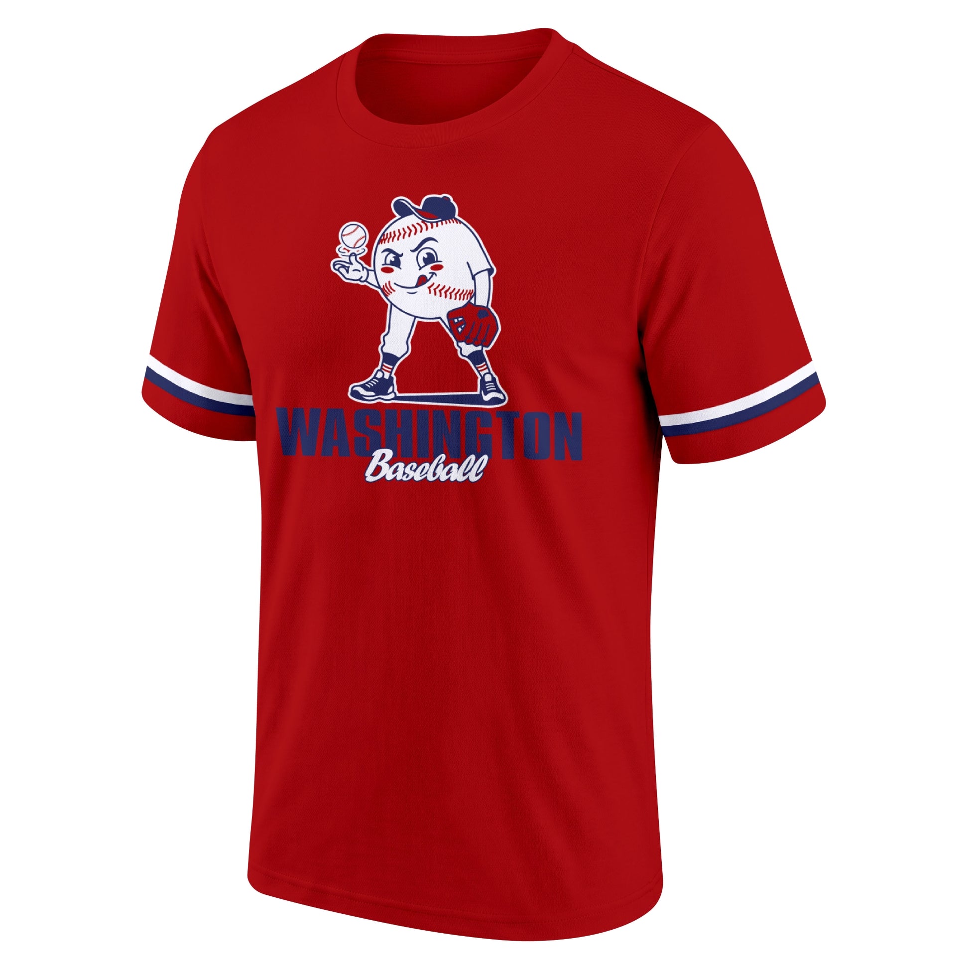 Washington Red adult baseball T shirt front view with playful baseball character city lettering and striped sleeve accents