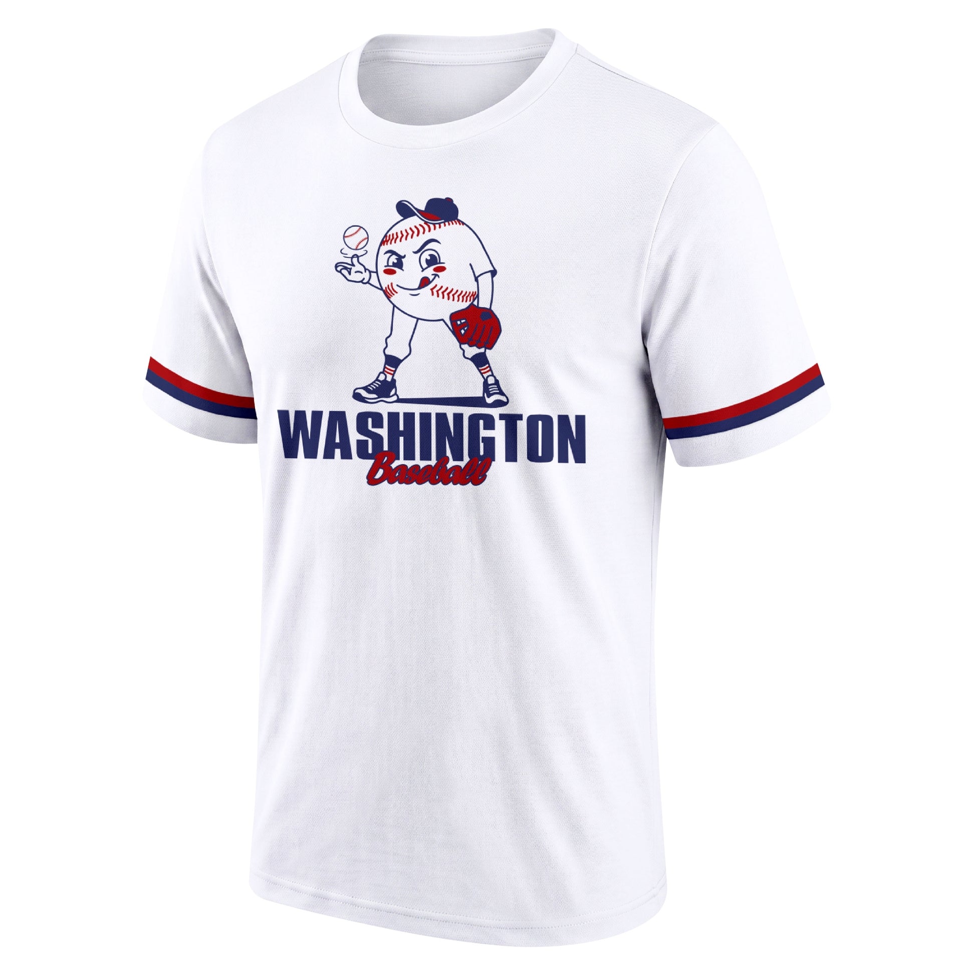 Washington White adult baseball T shirt front view with playful baseball character city lettering and striped sleeve accents