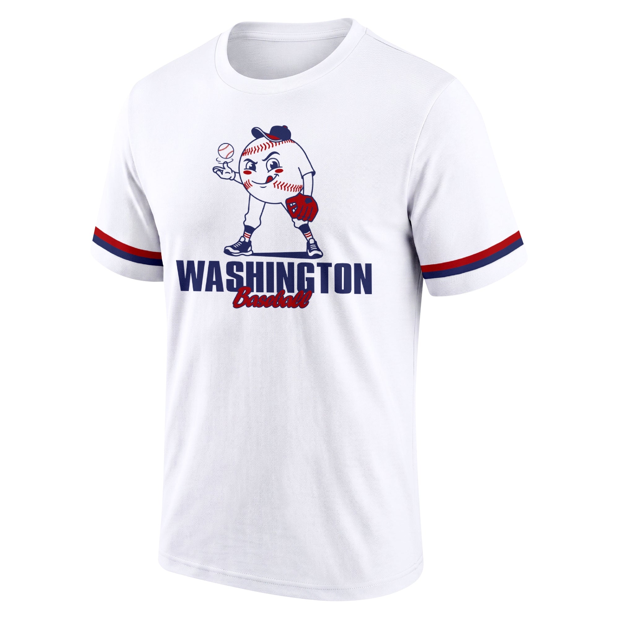 Washington White adult baseball T shirt front view with playful baseball character city lettering and striped sleeve accents