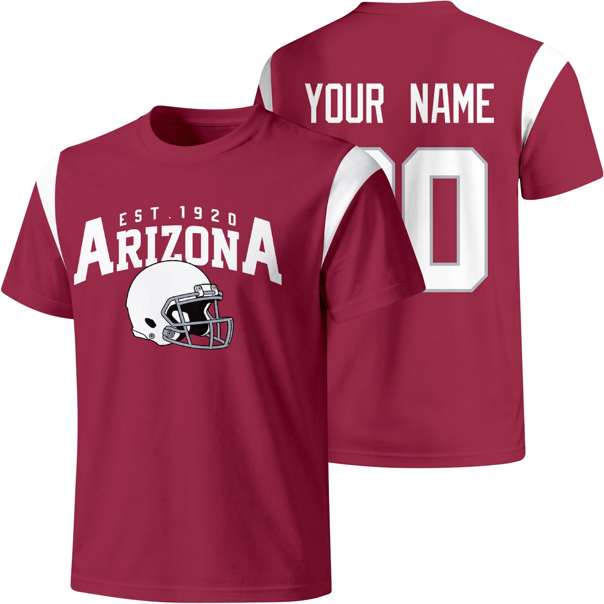 Arizona personalized varsity football T shirt in Red showing front helmet design and back custom name and number