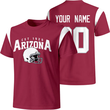 Arizona personalized varsity football T shirt in Red showing front helmet design and back custom name and number