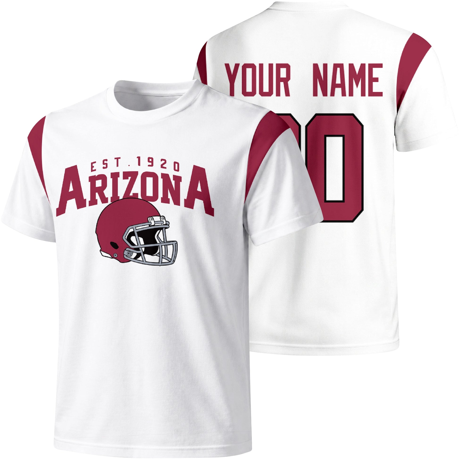 Arizona personalized varsity football T shirt in White showing front helmet design and back custom name and number