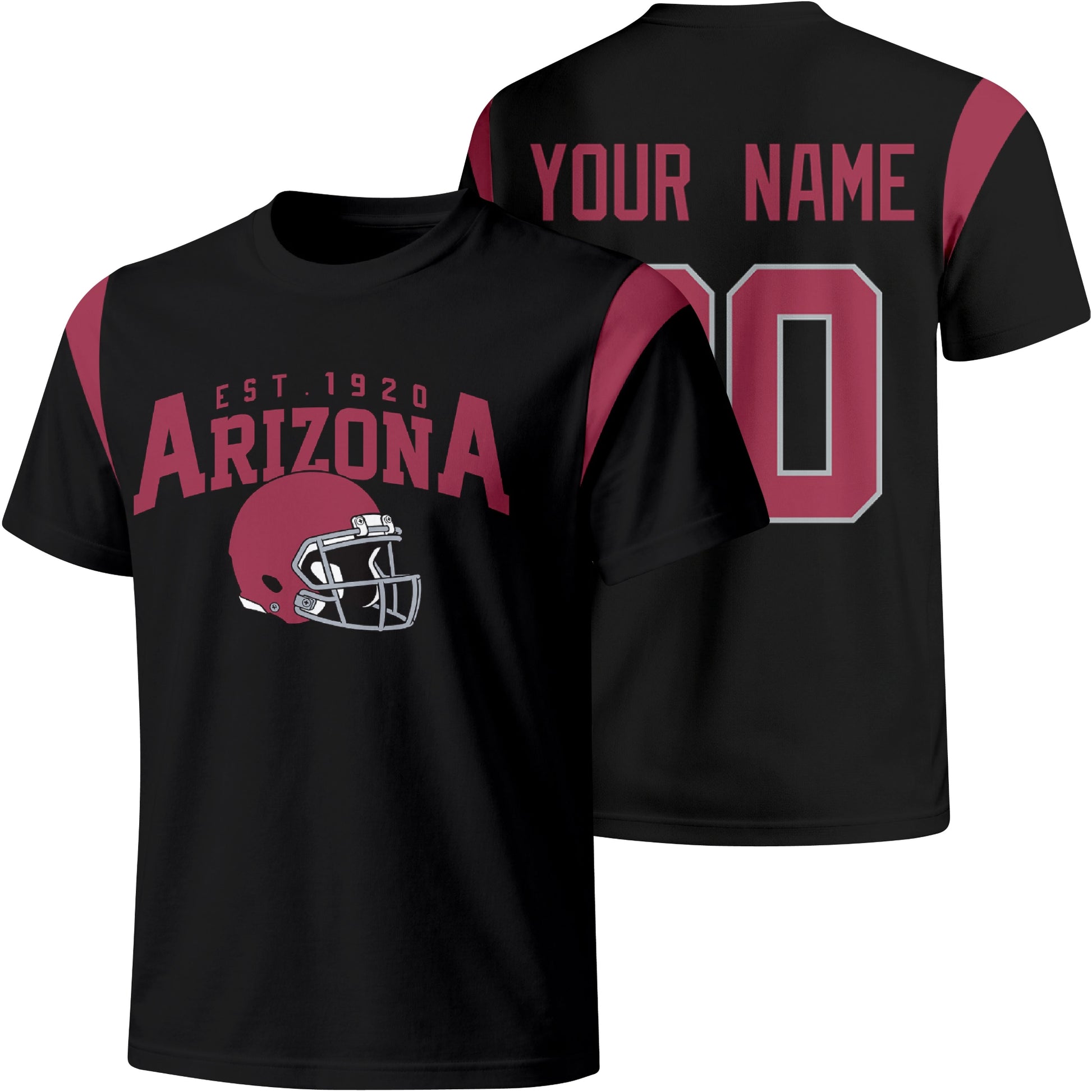 Arizona personalized varsity football T shirt in Black showing front helmet design and back custom name and number