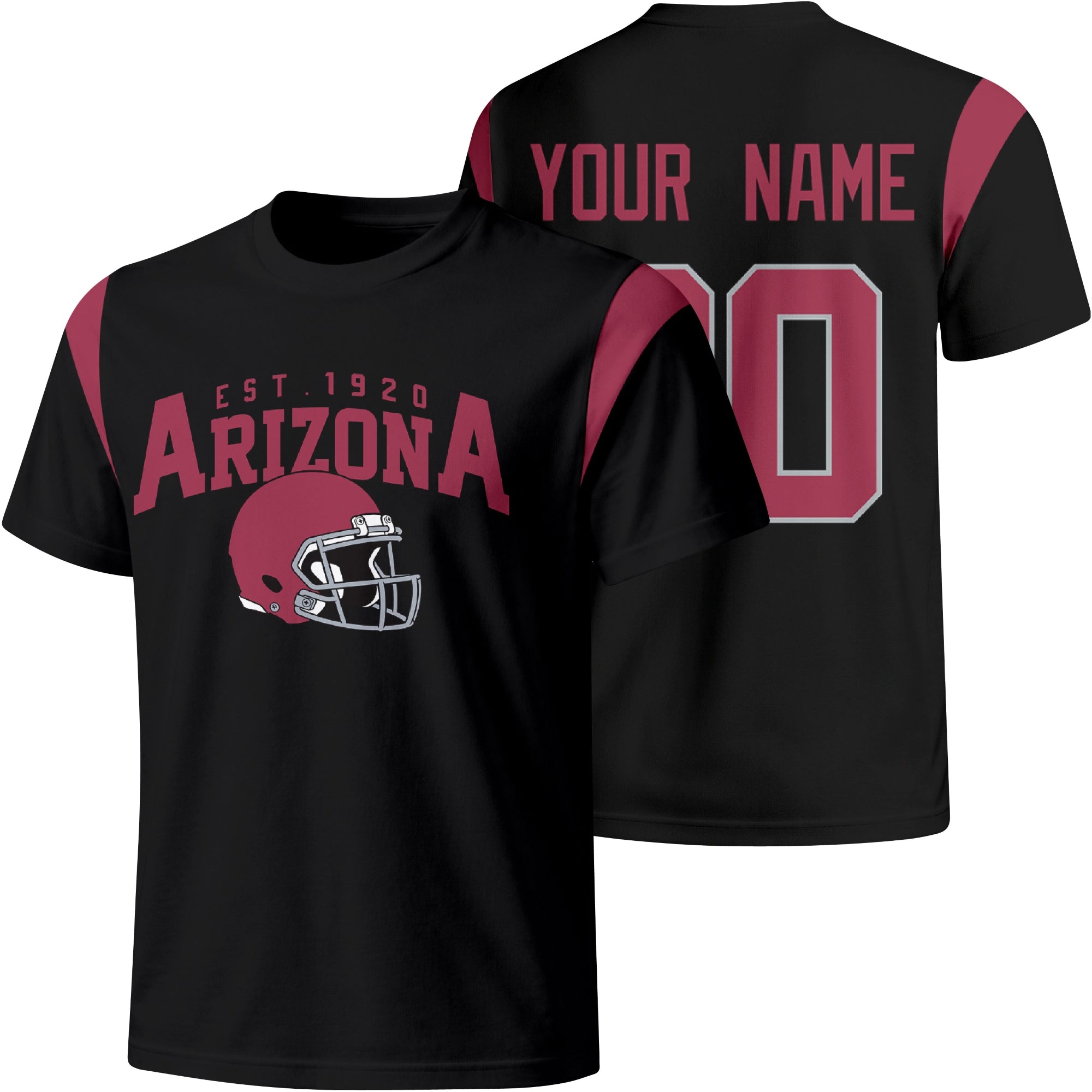 Arizona personalized varsity football T shirt in Black showing front helmet design and back custom name and number