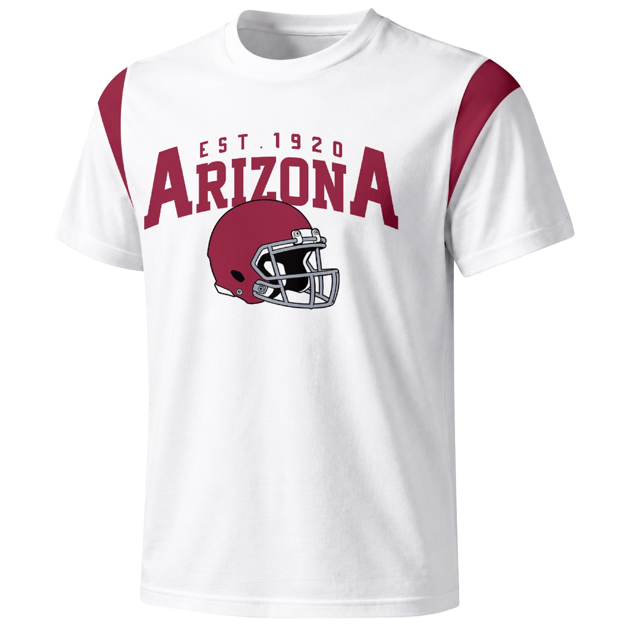 Arizona varsity football T shirt in White showing the front city helmet design and contrast shoulder panels