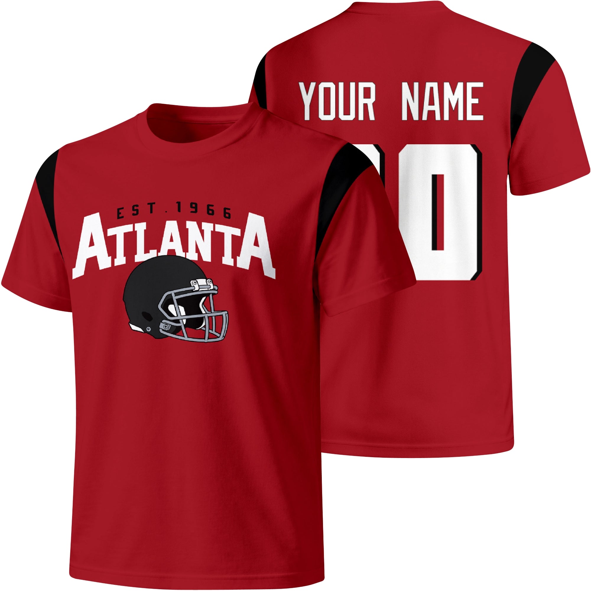 Atlanta personalized varsity football T shirt in Red showing front helmet design and back custom name and number