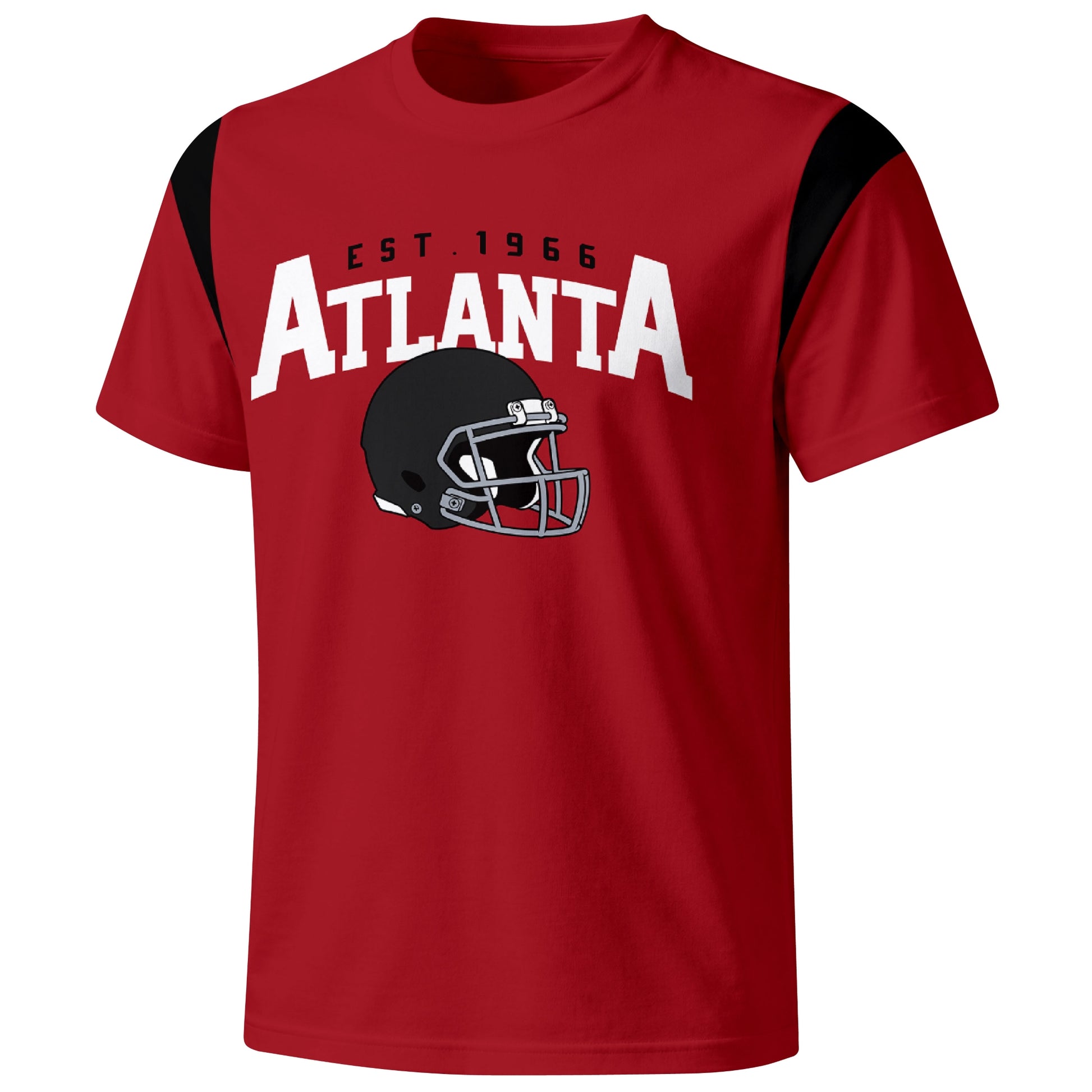 Atlanta varsity football T shirt in Red showing the front city helmet design and contrast shoulder panels