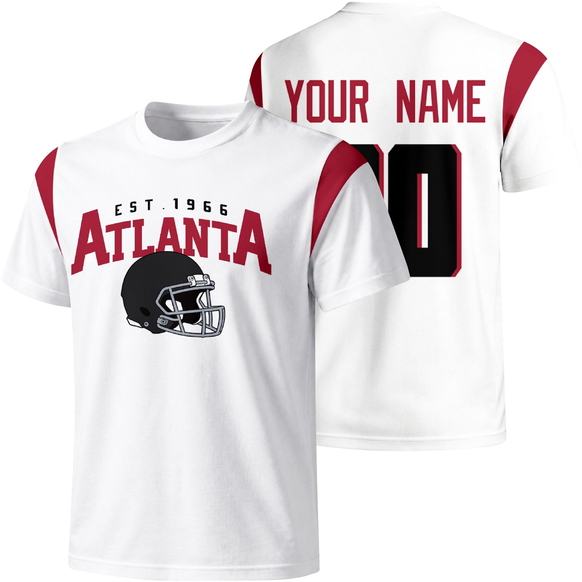 Atlanta personalized varsity football T shirt in White showing front helmet design and back custom name and number