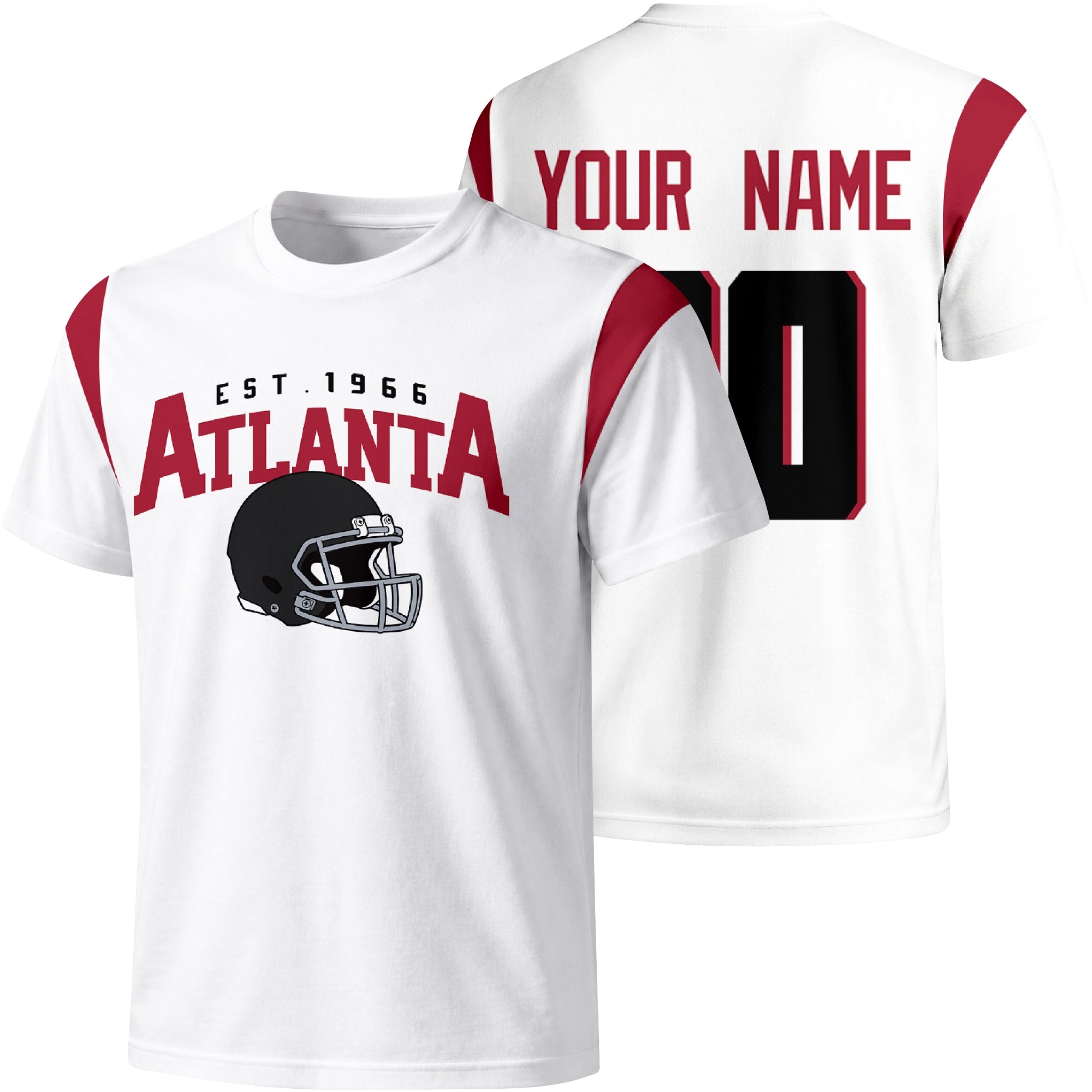 Atlanta personalized varsity football T shirt in White showing front helmet design and back custom name and number
