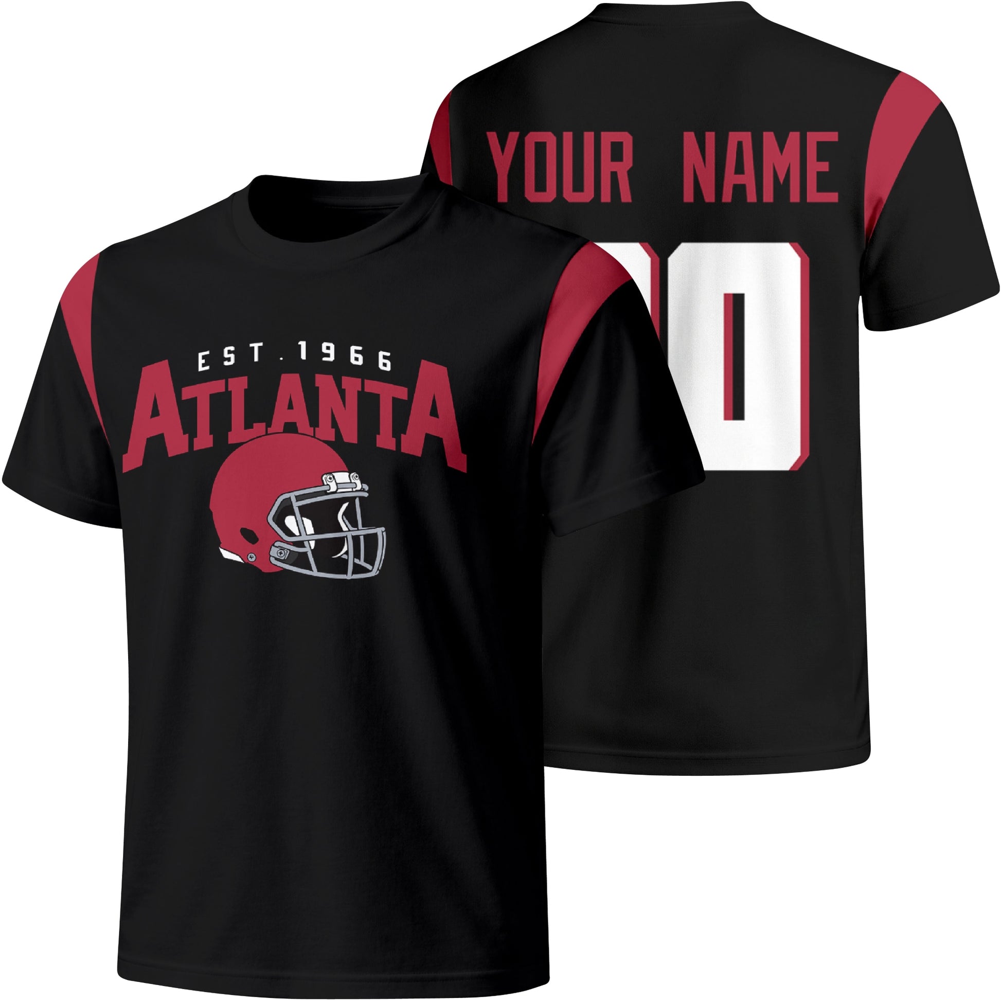 Atlanta personalized varsity football T shirt in Black showing front helmet design and back custom name and number
