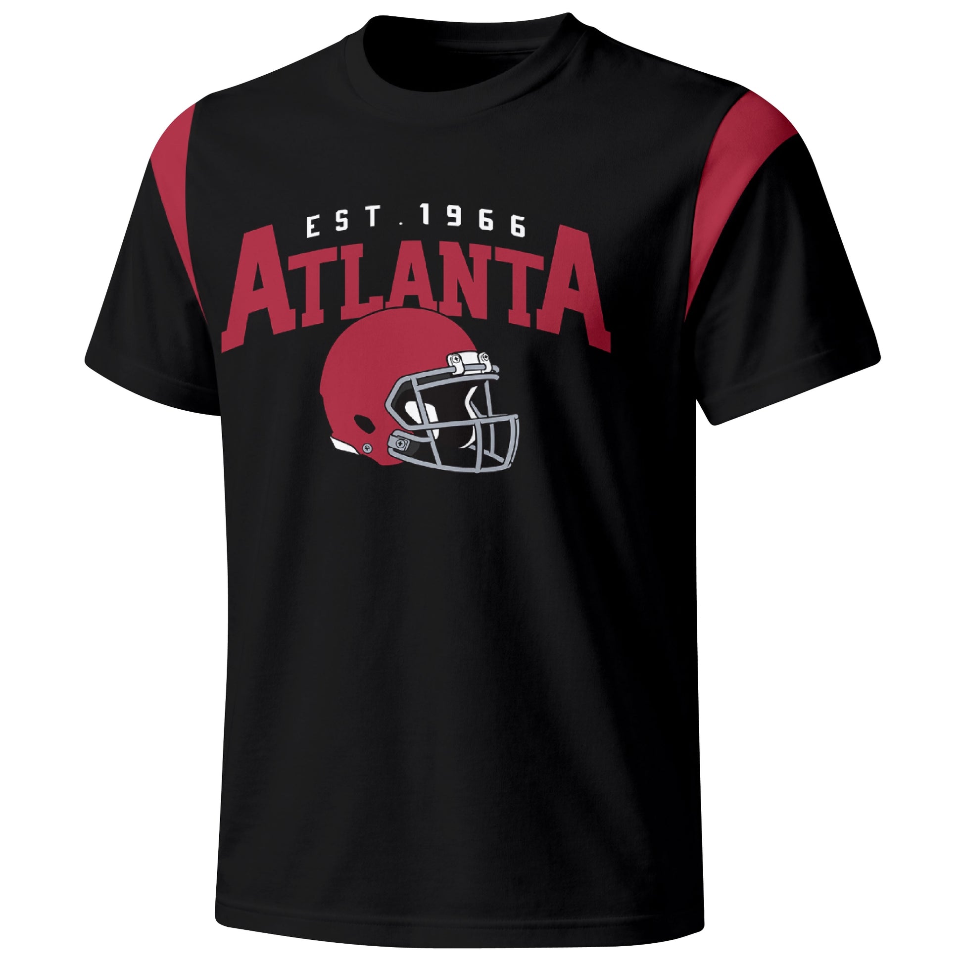 Atlanta varsity football T shirt in Black showing the front city helmet design and contrast shoulder panels