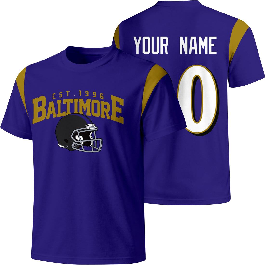 Baltimore personalized varsity football T shirt in Purple showing front helmet design and back custom name and number