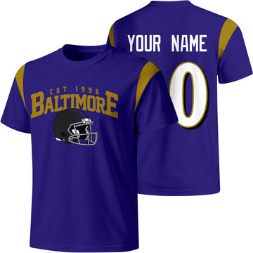 Baltimore personalized varsity football T shirt in Purple showing front helmet design and back custom name and number
