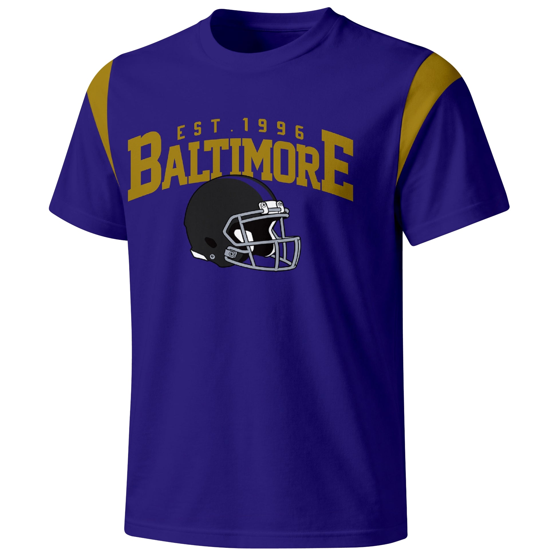 Baltimore varsity football T shirt in Purple showing the front city helmet design and contrast shoulder panels
