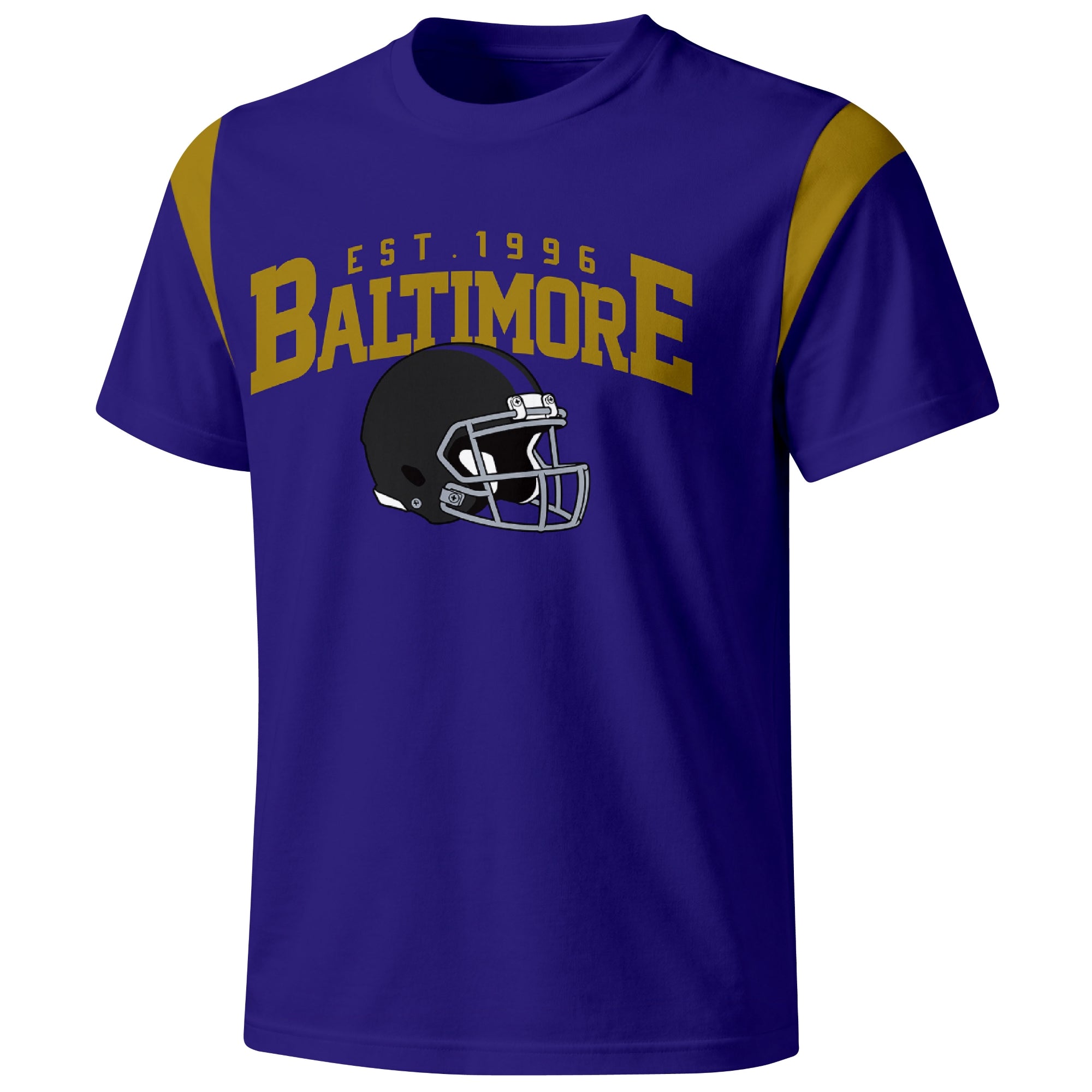 Baltimore varsity football T shirt in Purple showing the front city helmet design and contrast shoulder panels