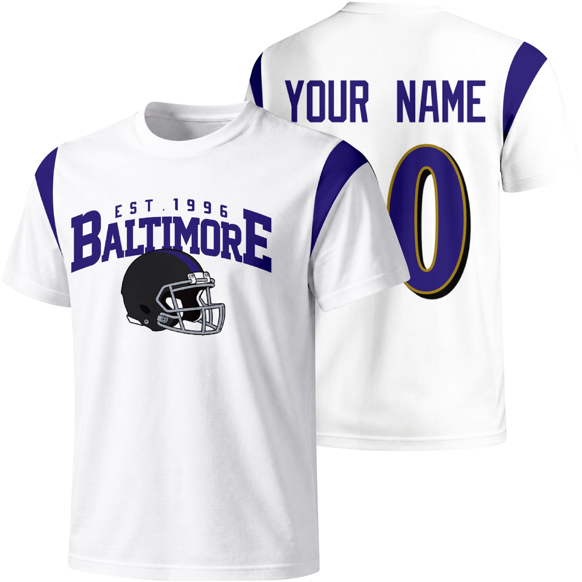 Baltimore personalized varsity football T shirt in White showing front helmet design and back custom name and number