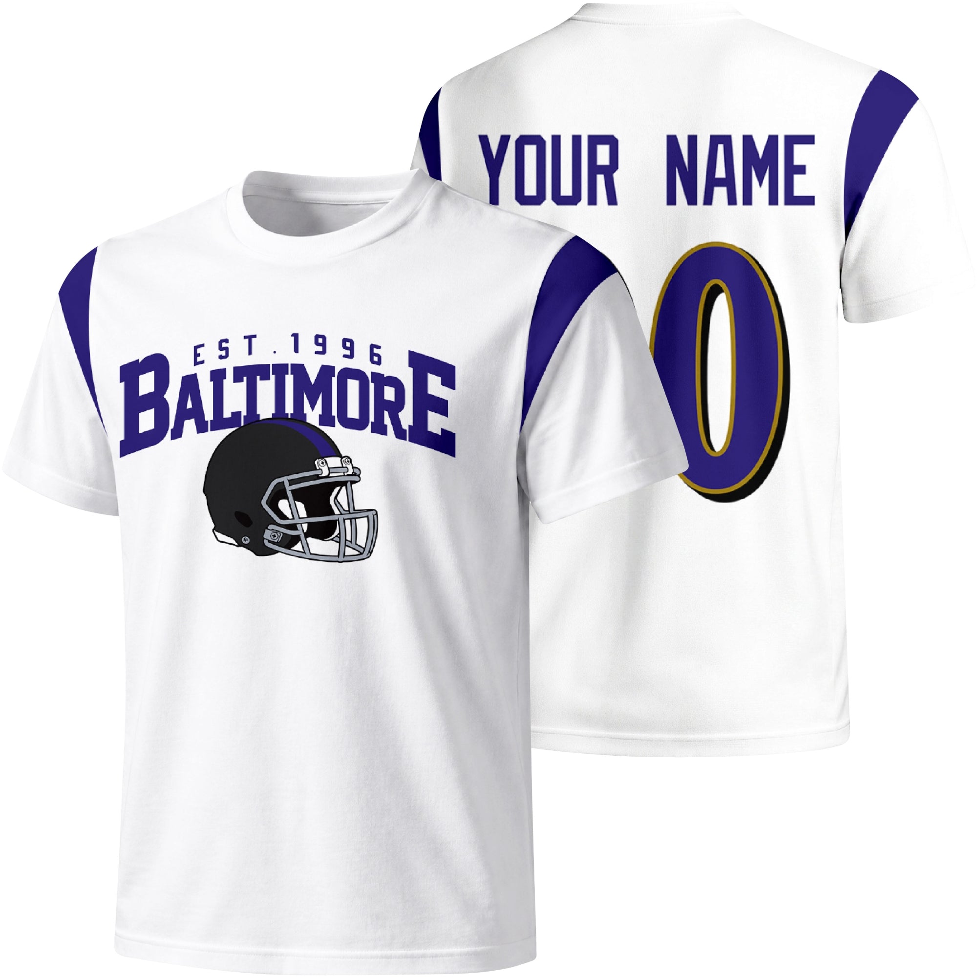 Baltimore personalized varsity football T shirt in White showing front helmet design and back custom name and number