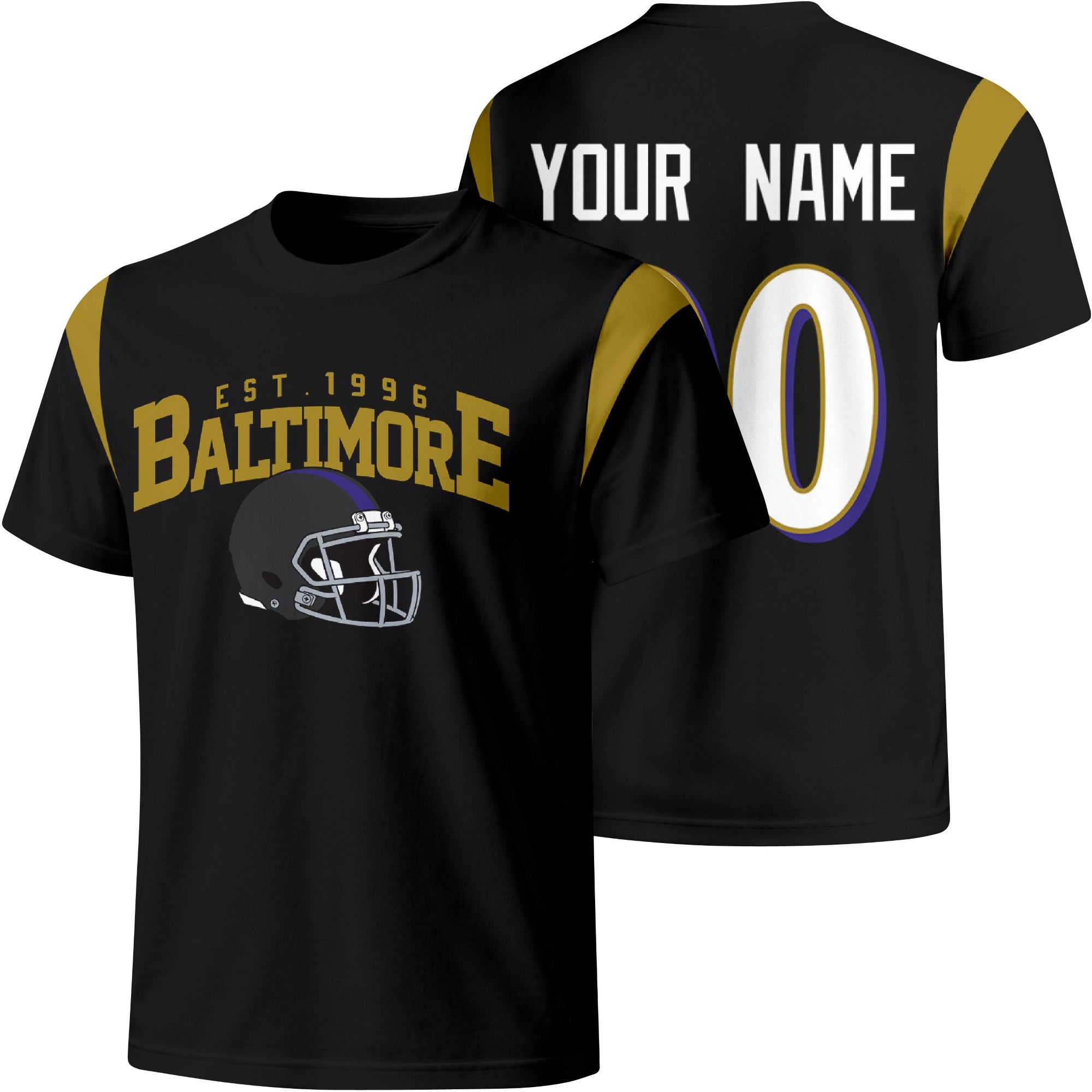 Baltimore personalized varsity football T shirt in Black showing front helmet design and back custom name and number