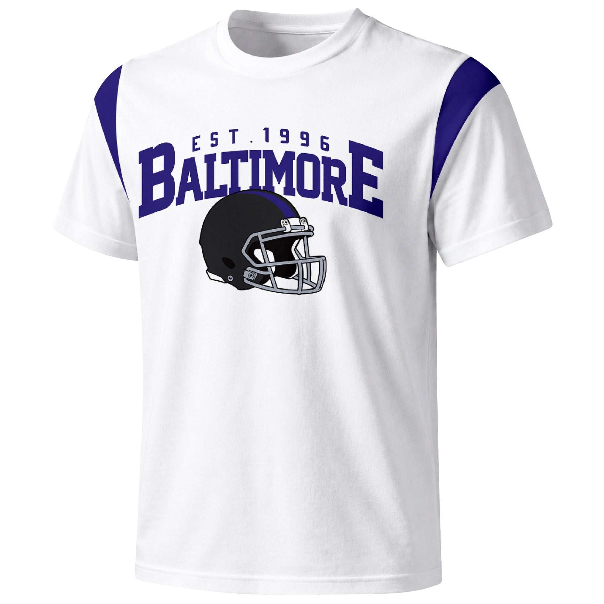 Baltimore varsity football T shirt in White showing the front city helmet design and contrast shoulder panels