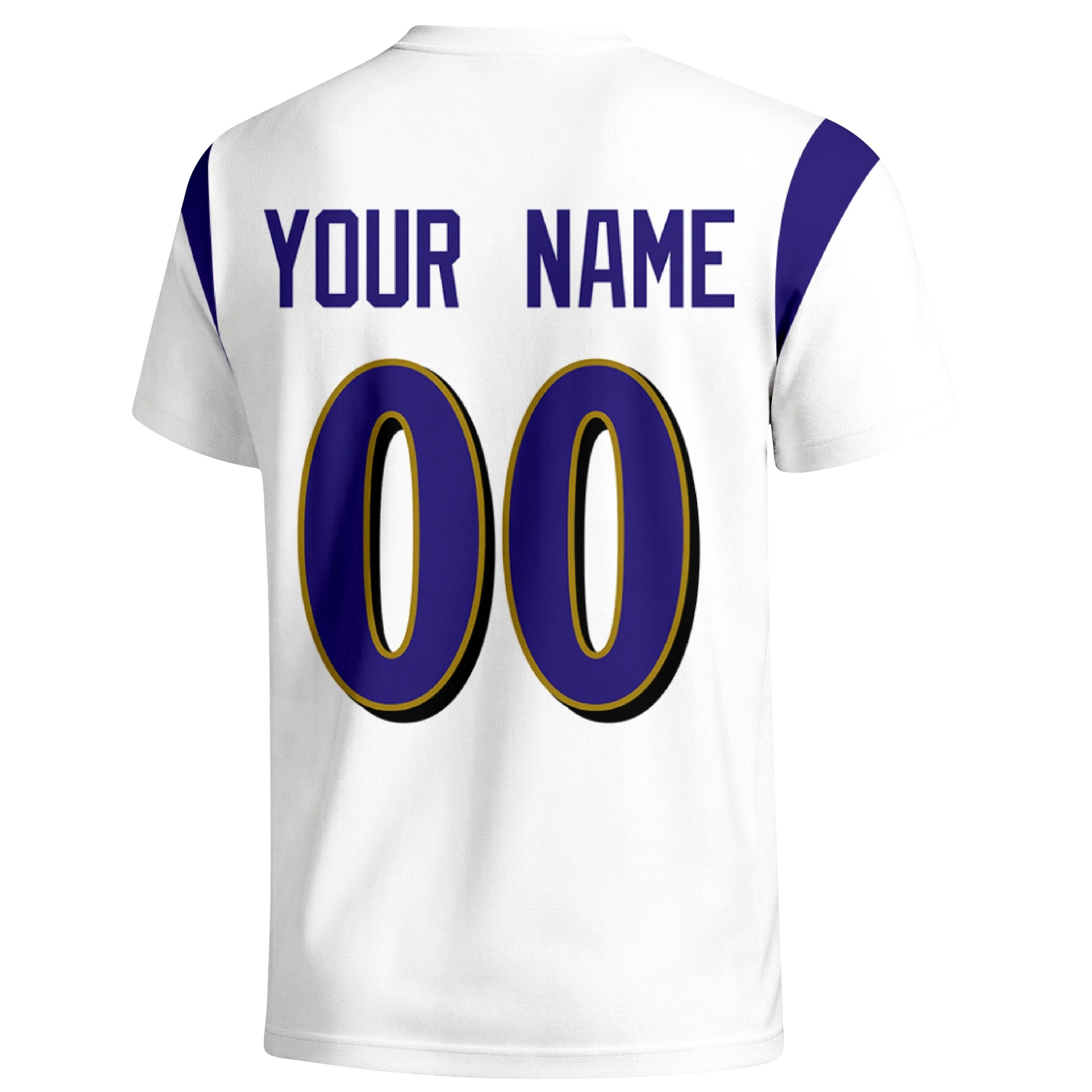 Baltimore personalized varsity football T shirt in White showing the back custom name and number