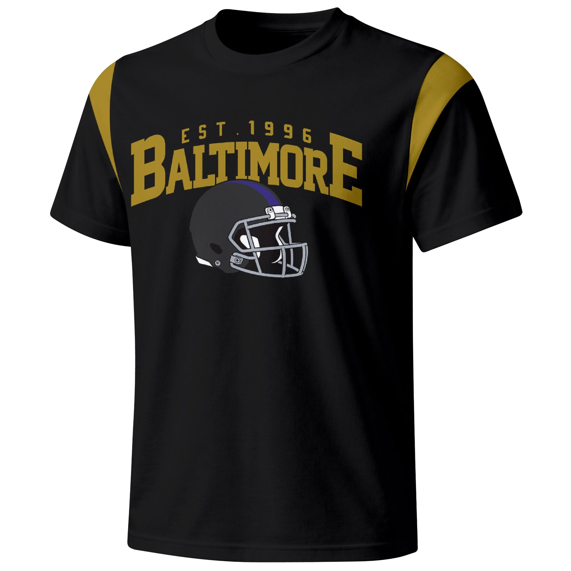 Baltimore varsity football T shirt in Black showing the front city helmet design and contrast shoulder panels