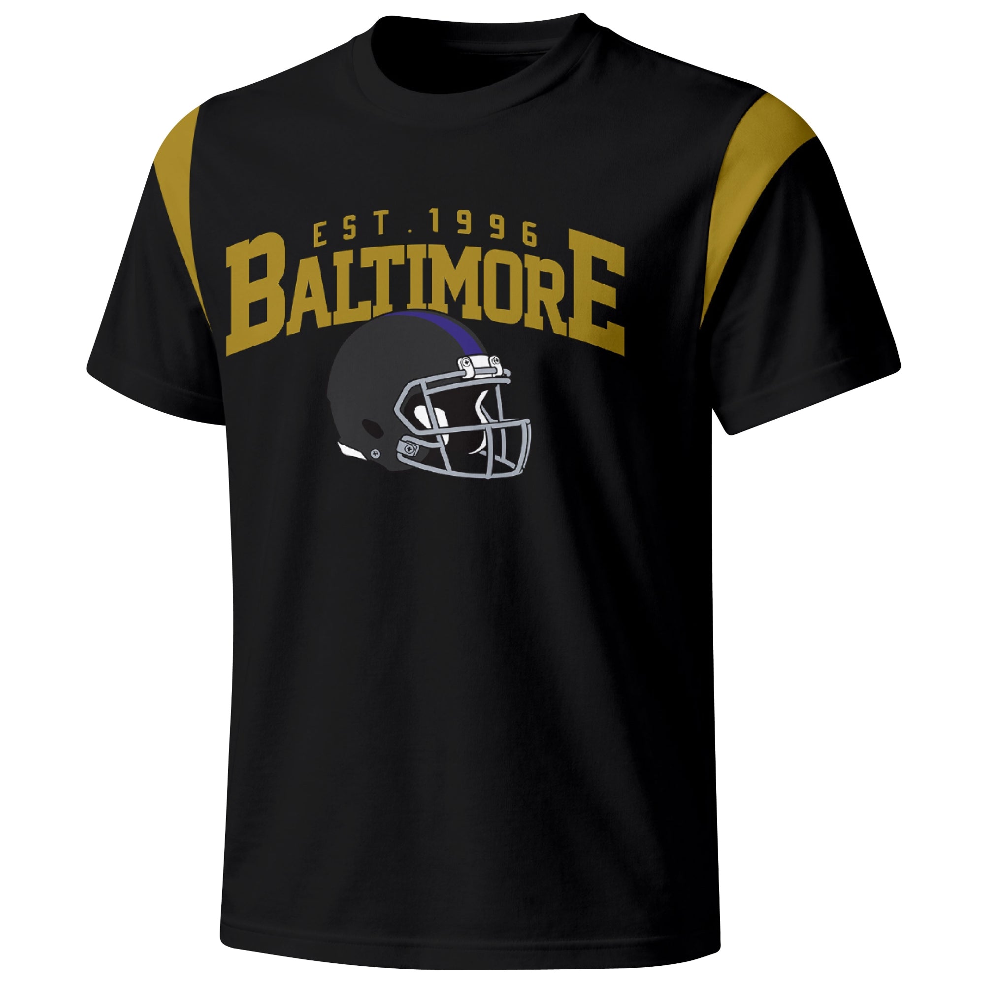 Baltimore varsity football T shirt in Black showing the front city helmet design and contrast shoulder panels