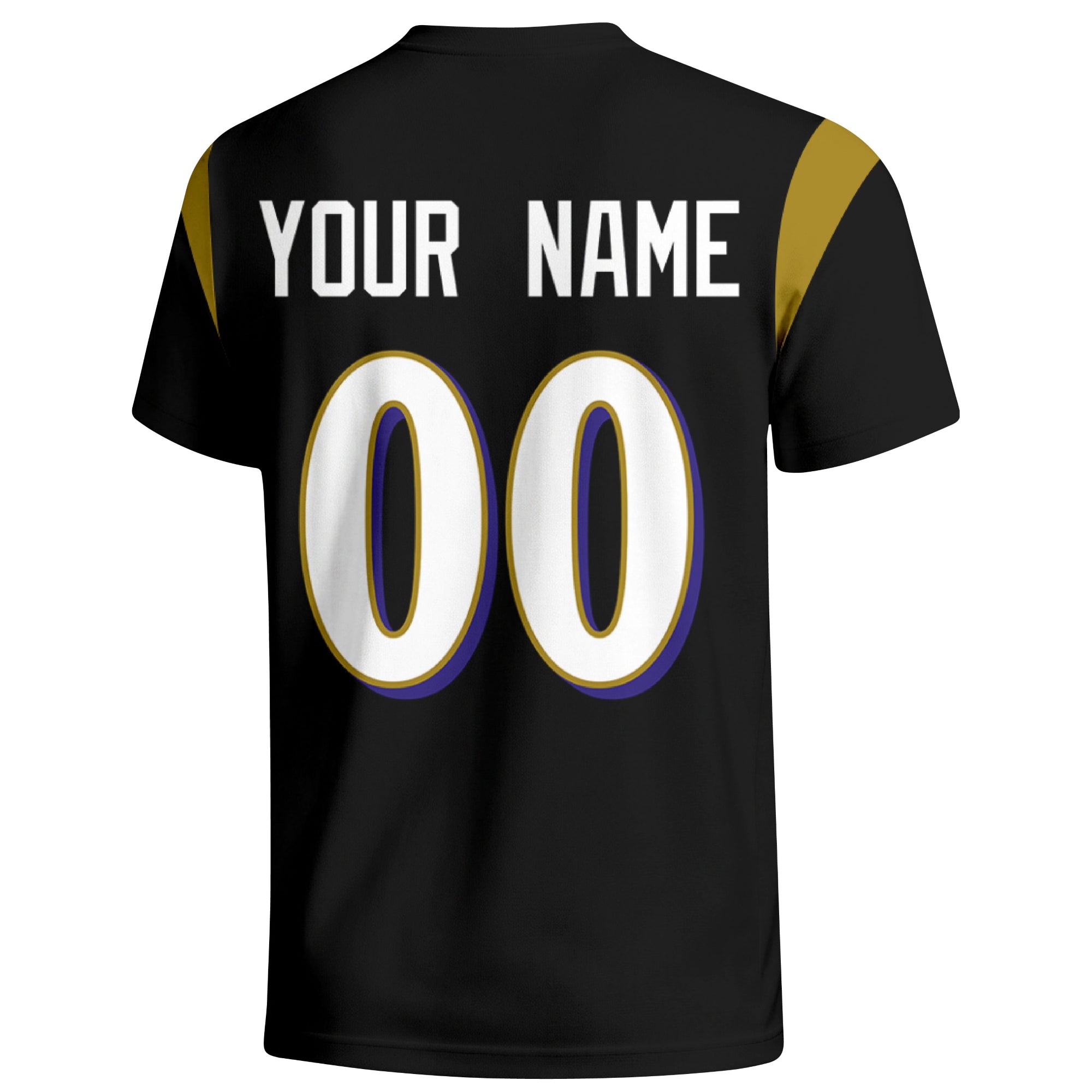 Baltimore personalized varsity football T shirt in Black showing the back custom name and number